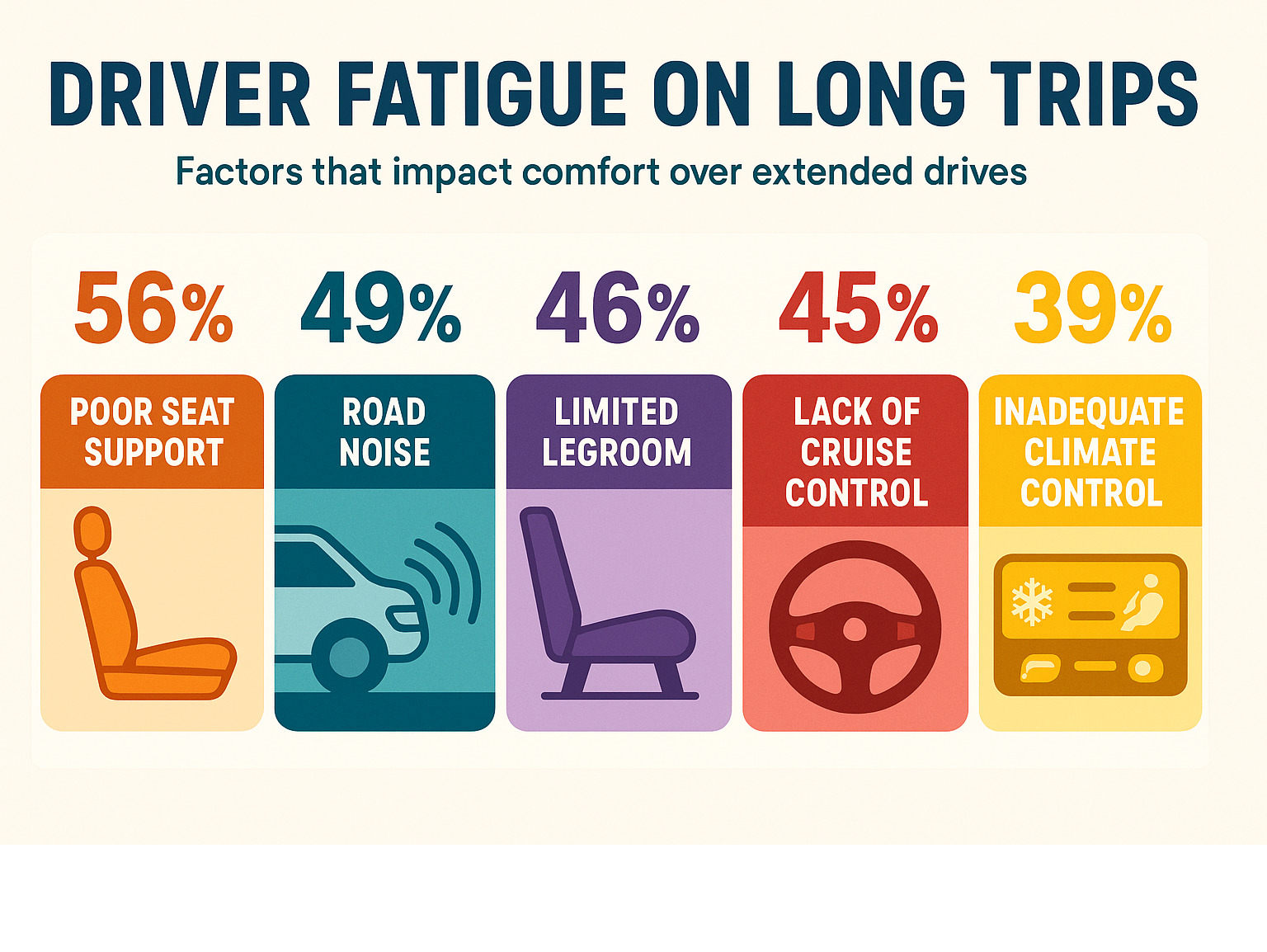 Infographic showing factors that contribute to driver fatigue on long trips including poor seat support, road noise, limited legroom, lack of cruise control, and inadequate climate control, with statistics on how each factor impacts comfort over extended driving periods - most comfortable rental car for long trip infographic 