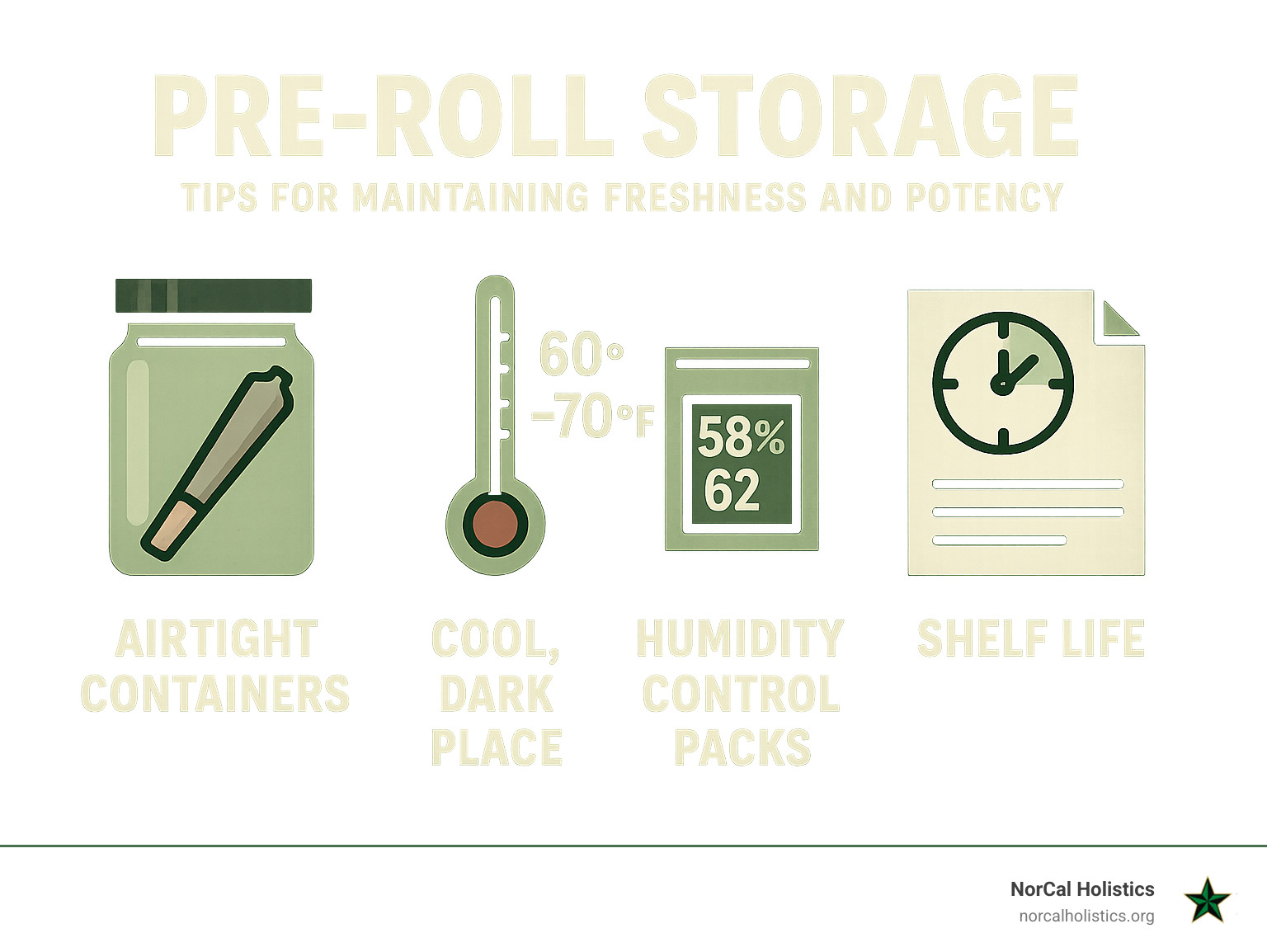 Infographic showing proper pre-roll storage methods including airtight containers, optimal temperature ranges, humidity control packs, and shelf life timelines for maintaining freshness and potency - pre rolls delivery infographic 
