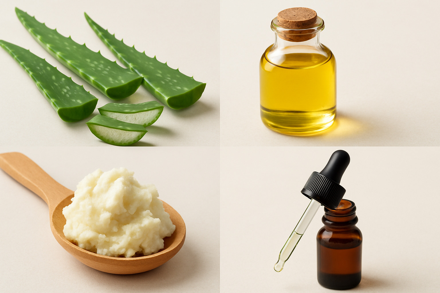 collage of natural skincare ingredients including aloe vera, jojoba oil, shea butter, and tea tree oil - natural skincare benefits