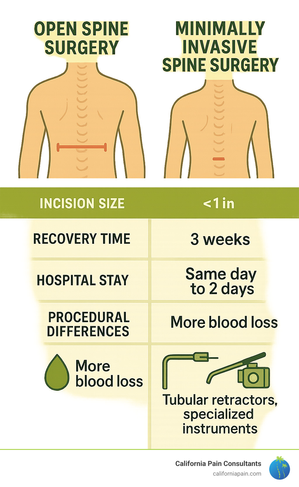 Infographic comparing open spine surgery vs minimally invasive spine surgery showing incision sizes, recovery times, hospital stays, and key procedural differences - minimally invasive spine surgery infographic 