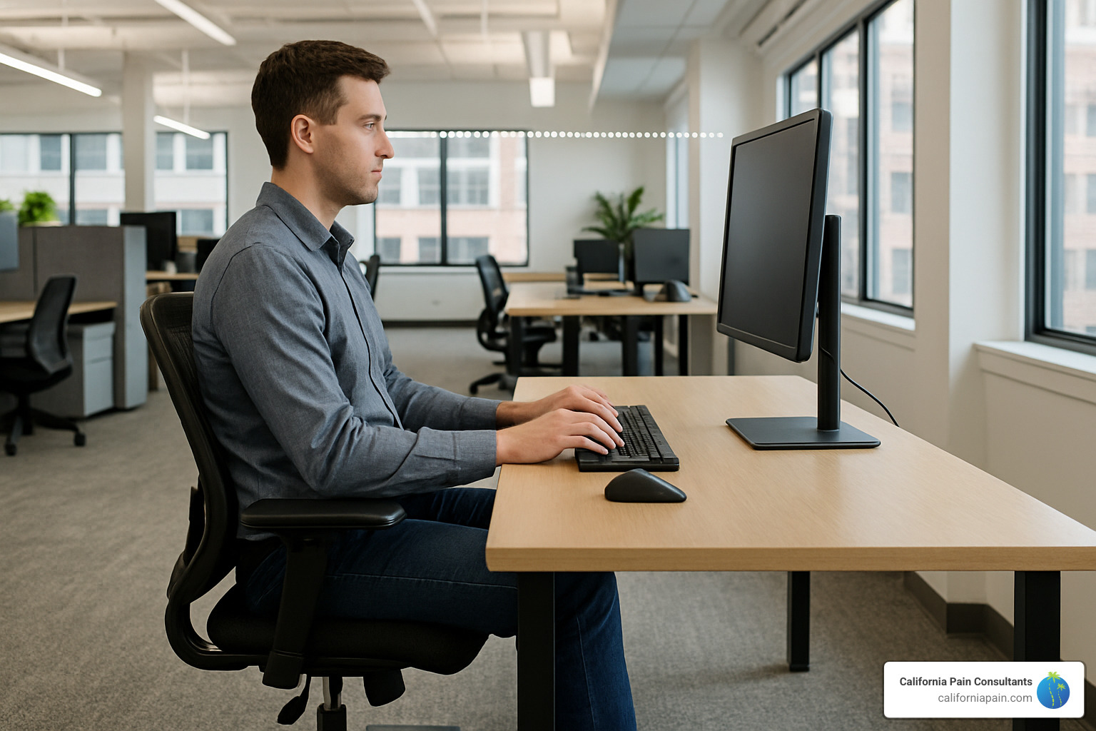 Person demonstrating proper ergonomic posture at a computer workstation - non surgical pain relief