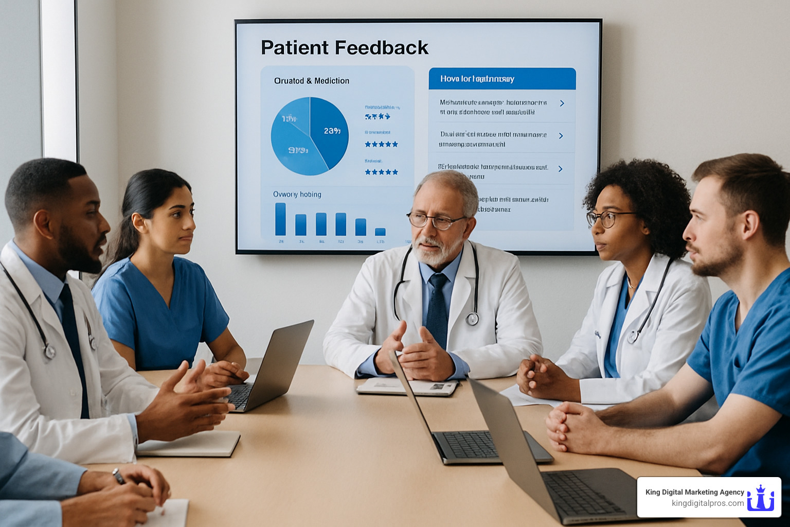 Staff meeting reviewing patient feedback dashboard and improvement strategies - medical online reputation management
