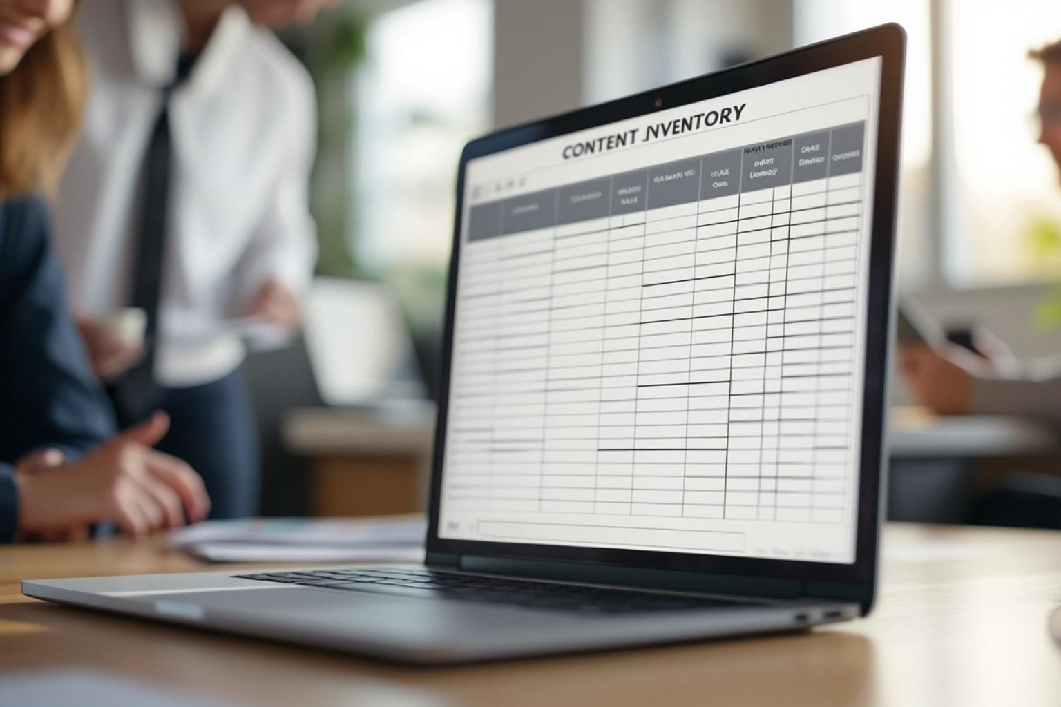 Sample content inventory spreadsheet template, showing columns for URL, title, owner, date updated, status, and tags. - content inventory best practices