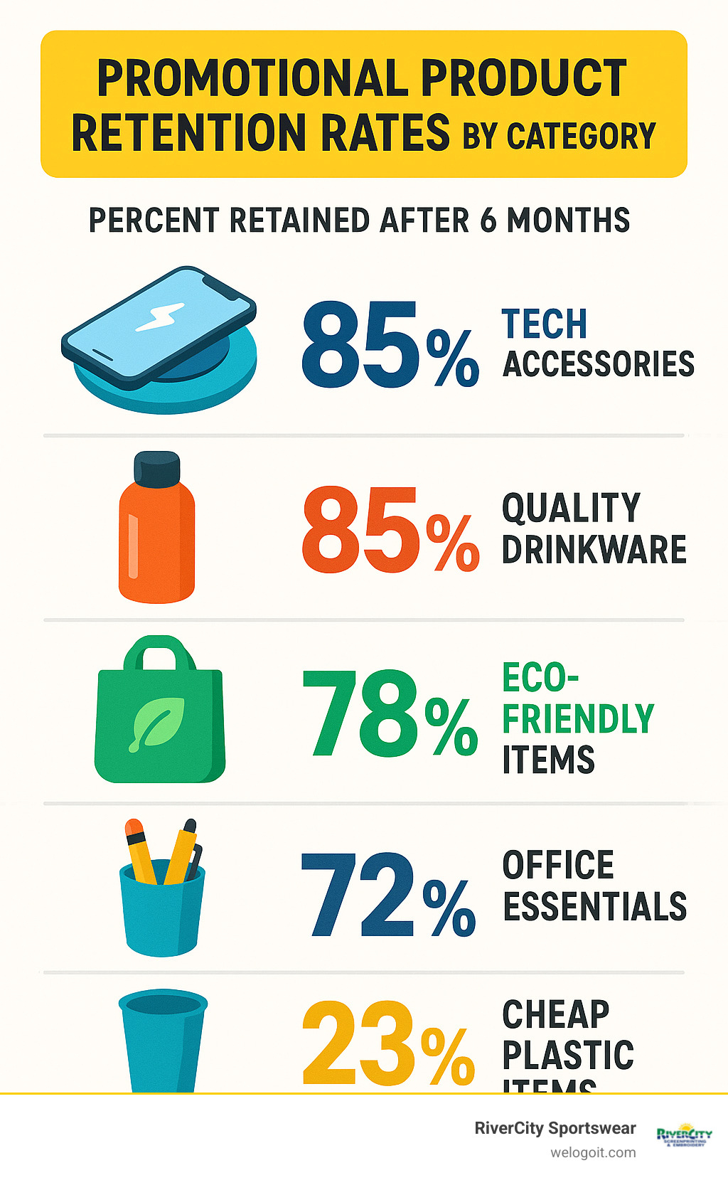 Infographic showing promotional product retention rates by category, with tech accessories and quality drinkware at 85% retention, eco-friendly items at 78%, office essentials at 72%, and cheap plastic items at only 23% retention after 6 months - custom logo giveaways infographic 