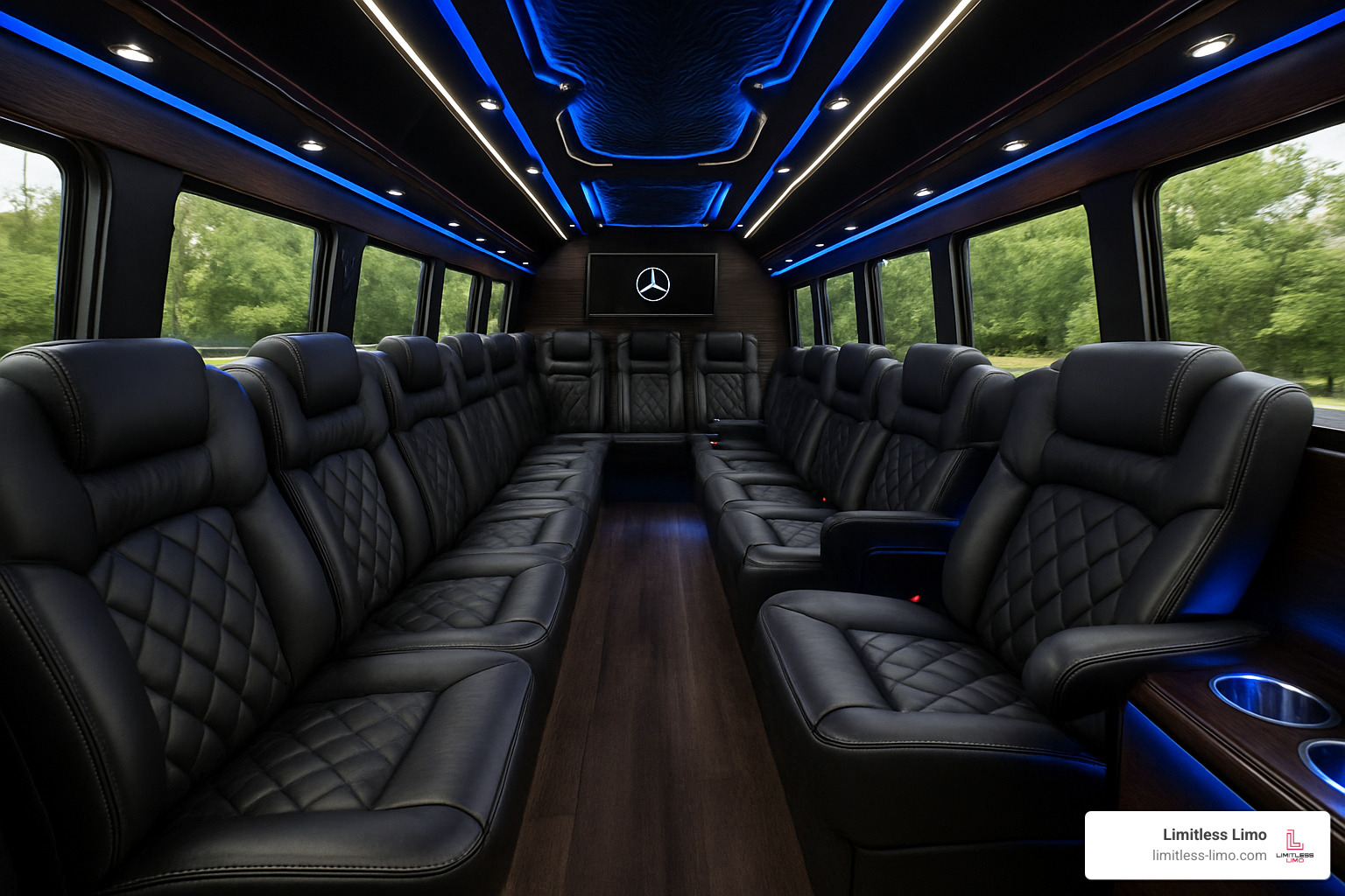 Mercedes Sprinter Limo interior with luxury seating - bourbon trail bus tours