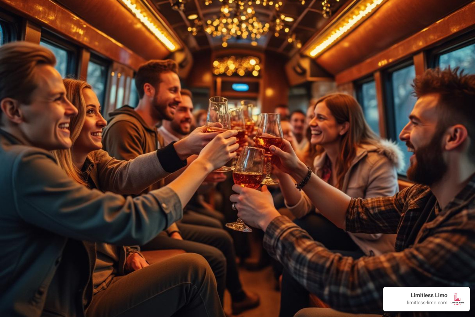 friends toasting with bourbon glasses on a party bus - bourbon trail bus tours