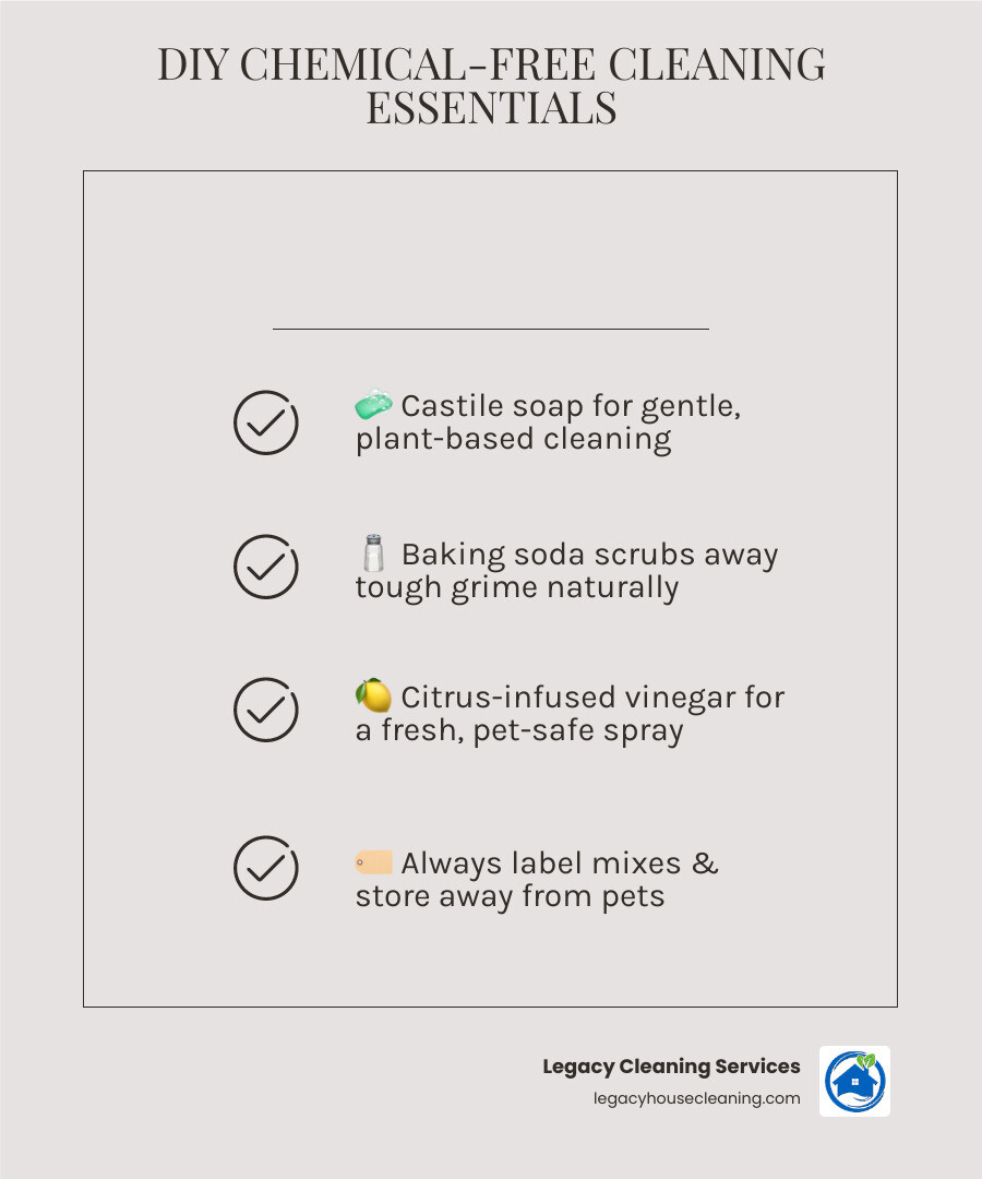 Infographic with DIY cleaner ratios: 1 part vinegar, 1 part water; 2 parts baking soda, 1 part soap, etc. - chemical free home cleaning infographic checklist-light-beige