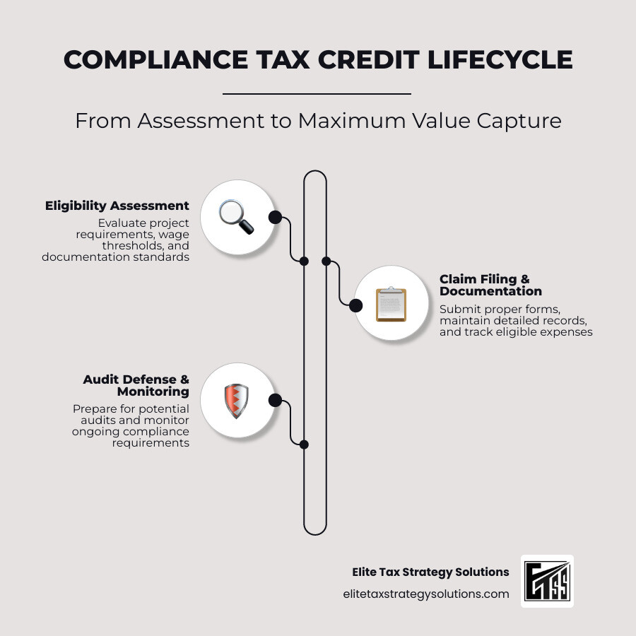 Detailed infographic showing the compliance tax credit lifecycle from initial eligibility assessment through claim filing, documentation requirements, audit defense, and ongoing monitoring for maximum value capture - compliance tax credits infographic infographic-line-3-steps-neat_beige