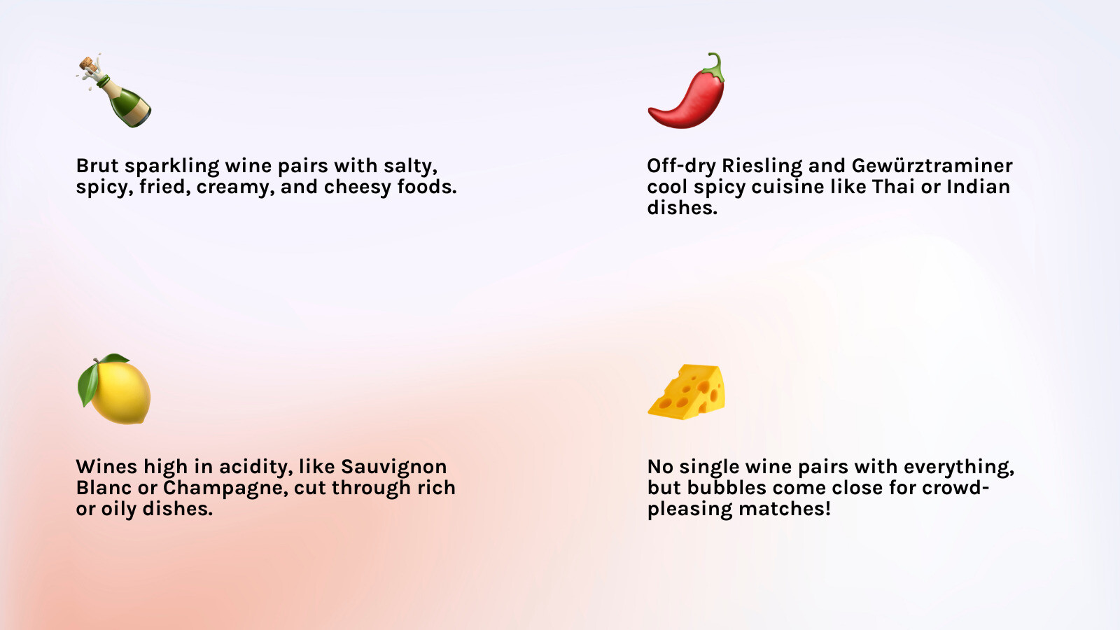 Food and wine pairing chart with wine types, food categories, and tasting notes summary - Food and wine pairings infographic 4_facts_emoji_light-gradient