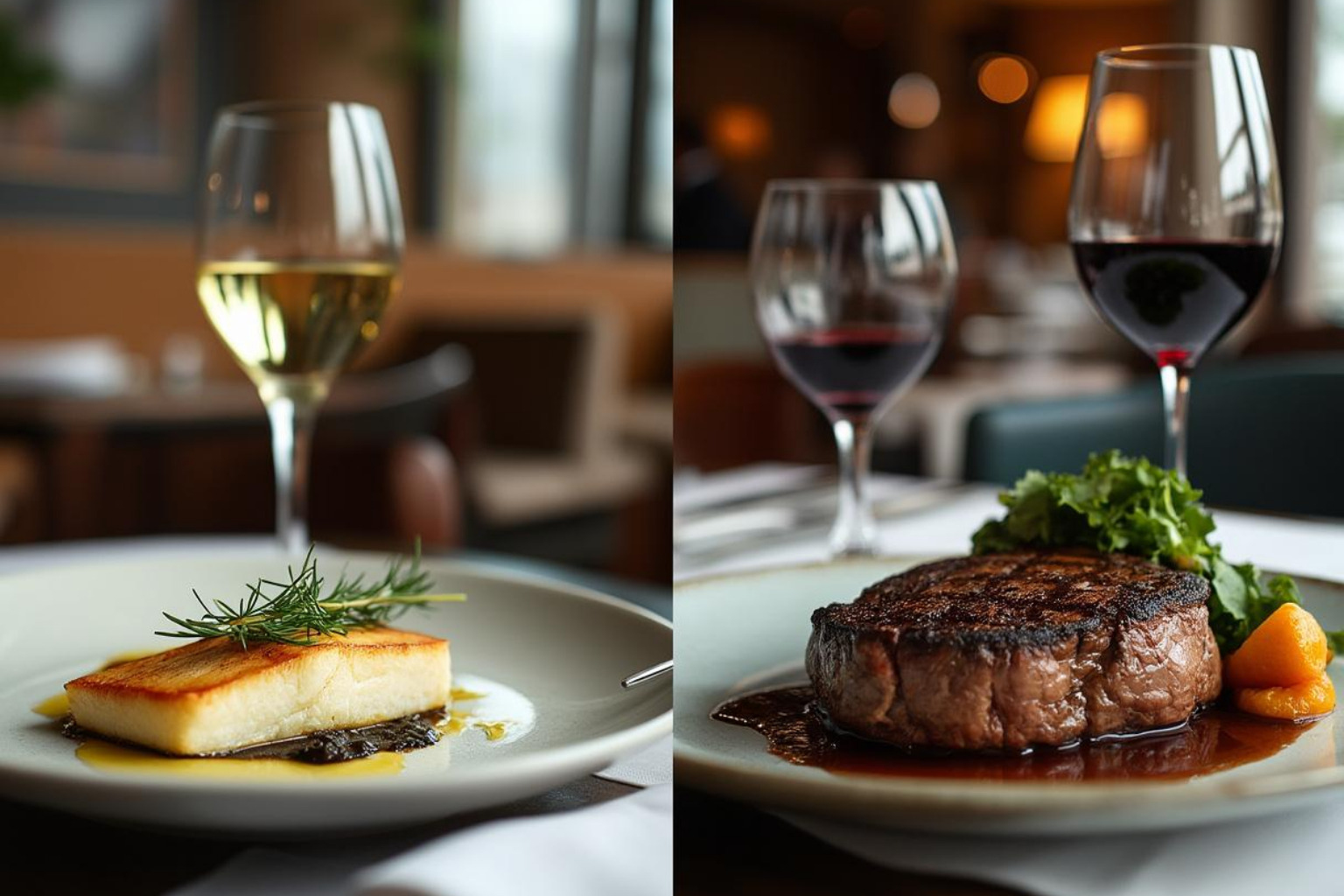Light vs Heavy Dishes: Poached fish with Pinot Grigio on one side, steak with Cabernet on the other - Food and wine pairings