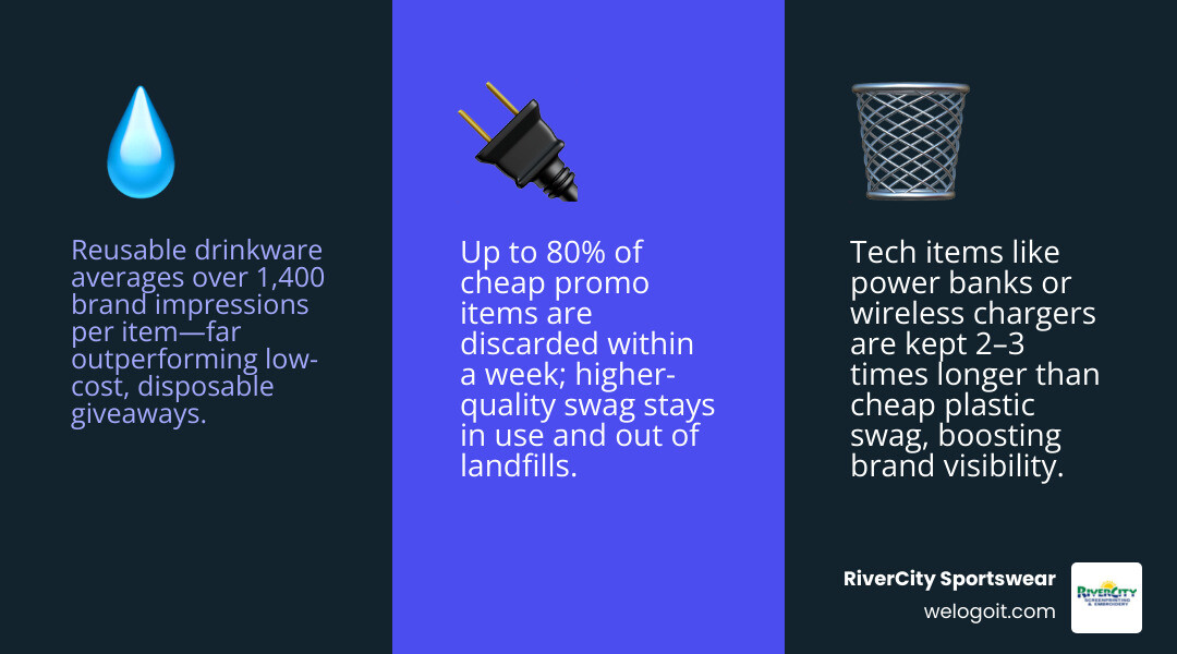 Infographic: Cost per impression comparison between drinkware, tech, and cheap plastic items - custom logo giveaways infographic 3_facts_emoji_blue