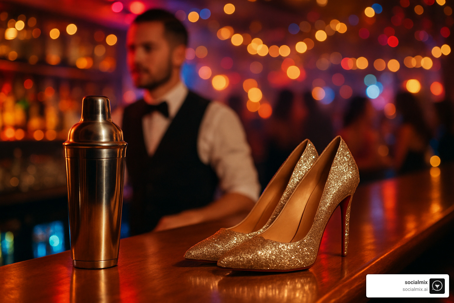 Bartender cocktail shaker next to glittery high heels - party outfit inspiration