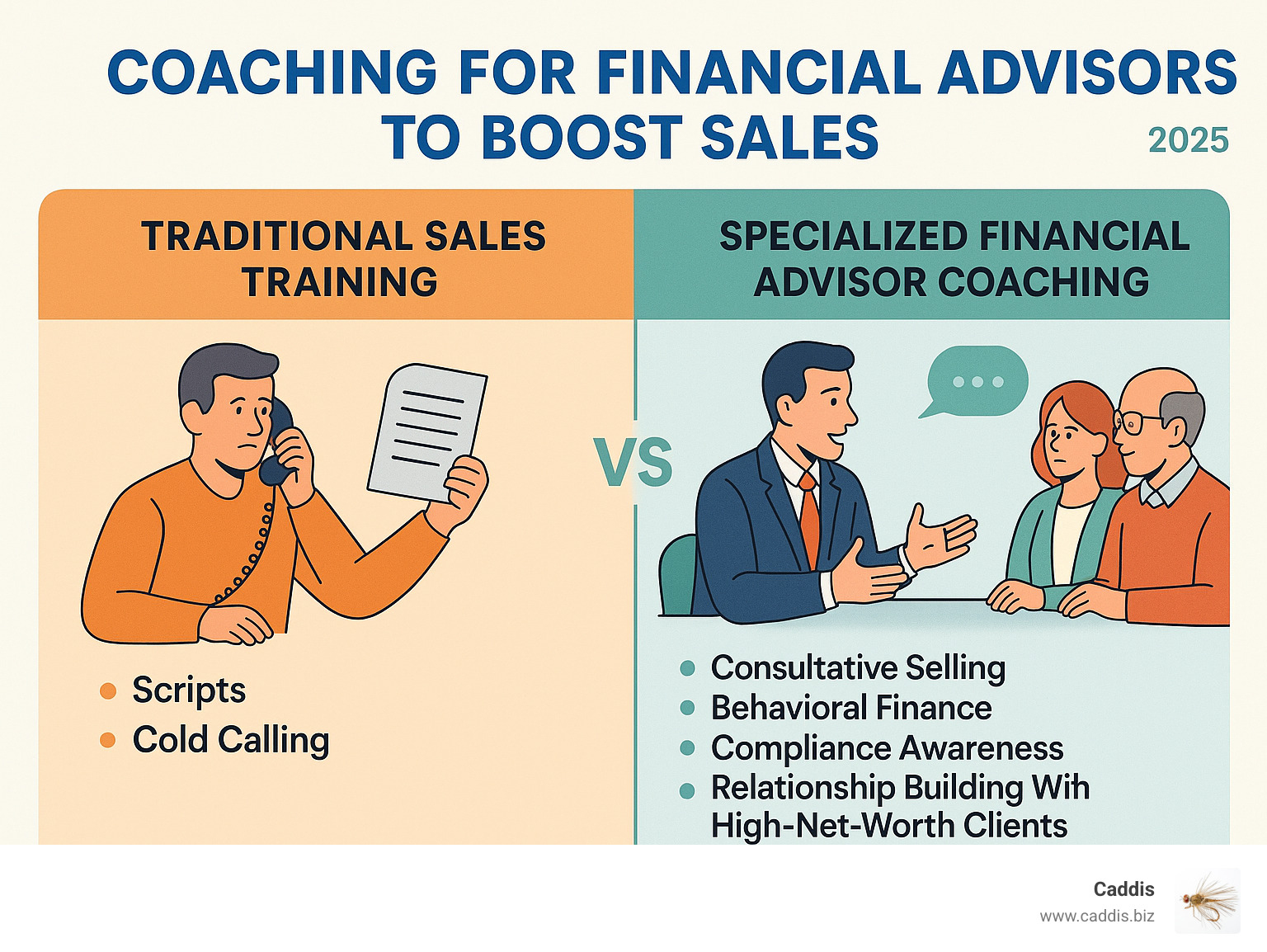 Infographic showing the difference between traditional sales training focused on scripts and cold calling versus specialized financial advisor coaching that emphasizes consultative selling, behavioral finance, compliance awareness, and relationship building with high-net-worth clients - coaching for financial advisors to boost sales infographic 