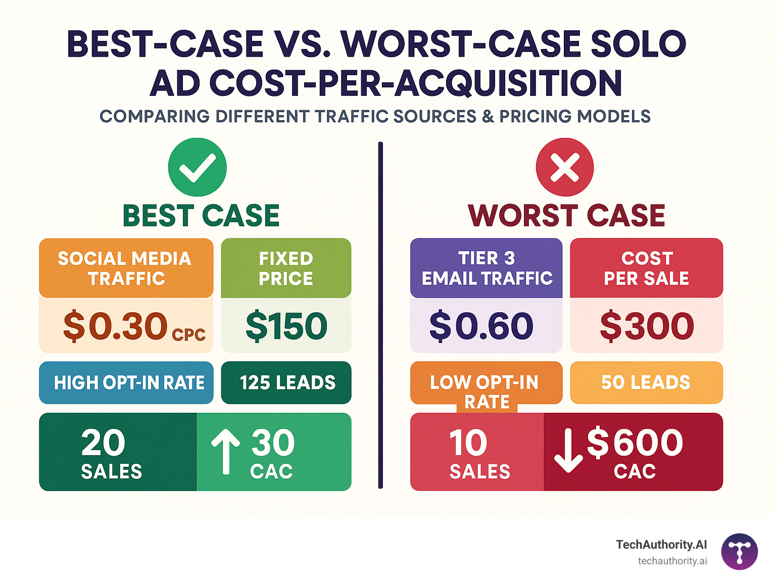 Infographic comparing best-case vs worst-case solo ad cost-per-acquisition scenarios across different traffic sources and pricing models - solo ads infographic 