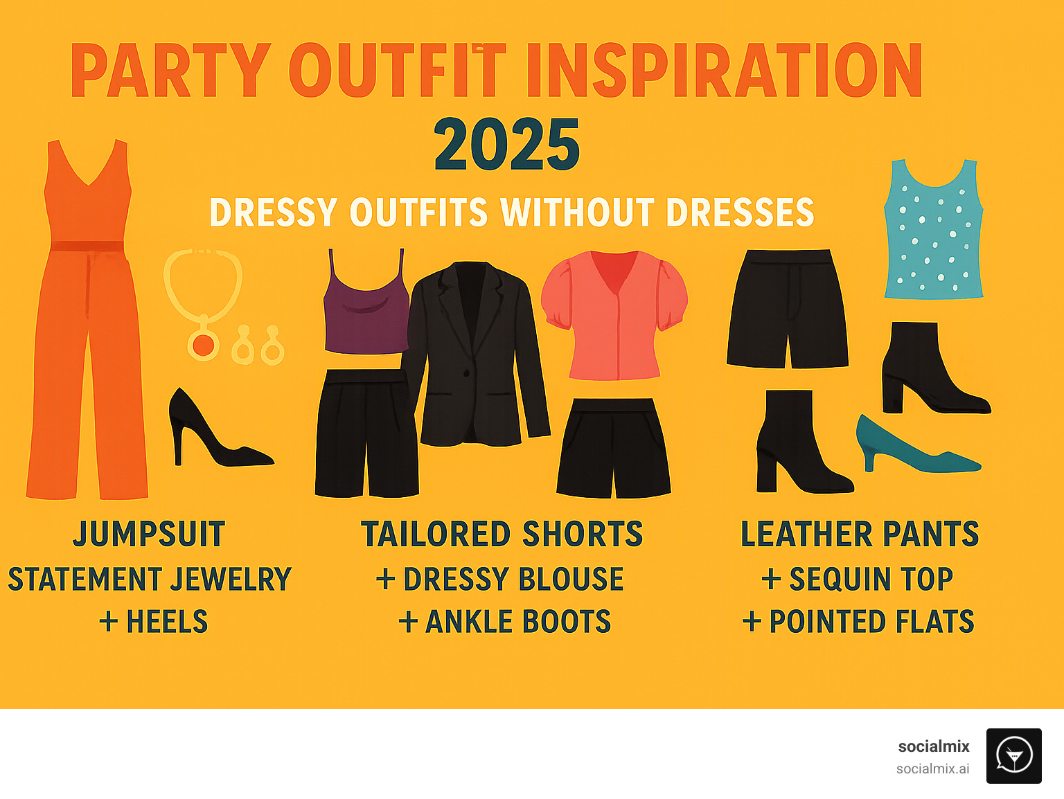 Infographic showing versatile party outfit combinations without dresses: Jumpsuit + statement jewelry + heels, Wide-leg pants + silk top + blazer, Custom shorts + dressy blouse + ankle boots, Leather pants + sequin top + pointed flats - party outfit inspiration infographic 