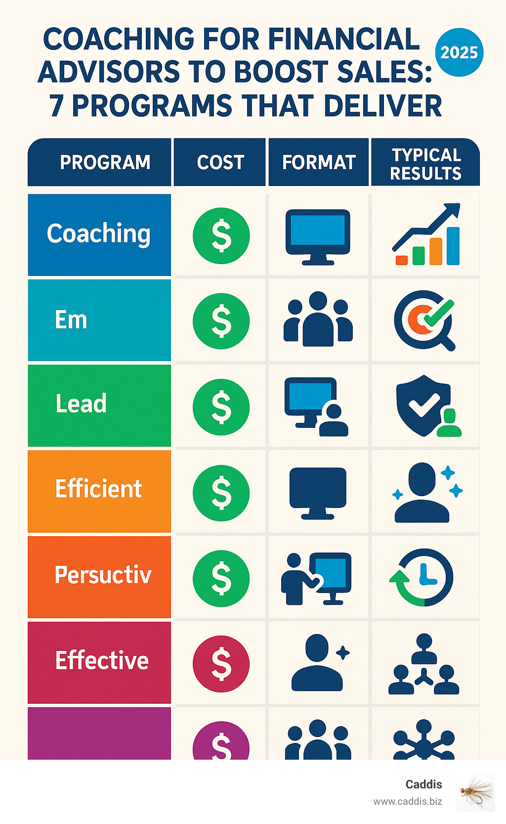 Infographic comparing coaching program costs, formats, and typical results across the seven featured programs - coaching for financial advisors to boost sales infographic 
