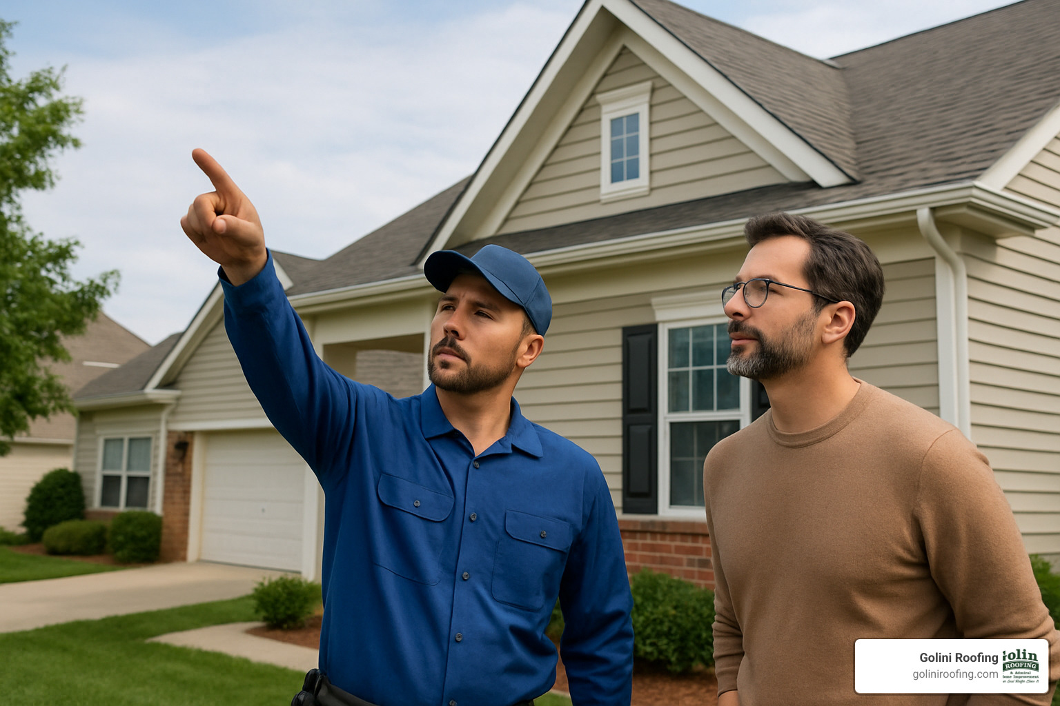 Professional roofer conducting detailed inspection with homeowner - average roof cost calculator