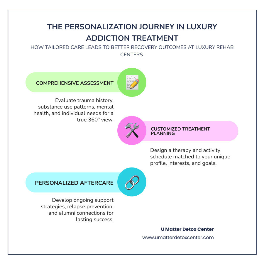 Infographic showing the personalization journey from initial assessment through customized treatment plan development, including individual therapy sessions, custom holistic activities, and personalized aftercare planning - luxury addiction treatment infographic infographic-line-3-steps-colors