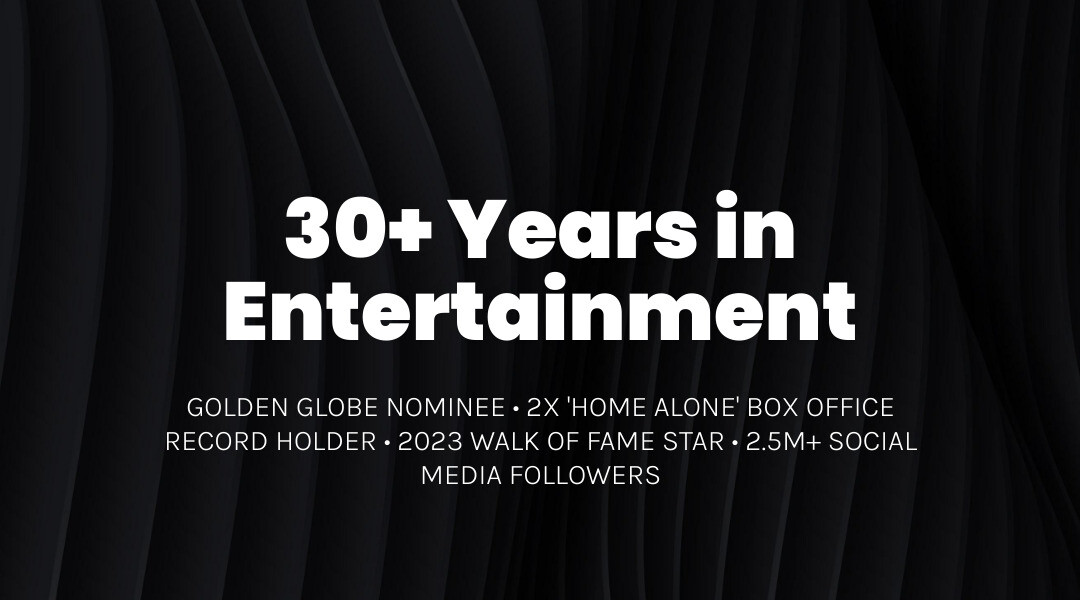 Statistics showing Macaulay Culkin's career achievements including box office numbers from Home Alone films, awards received, years active in entertainment, and social media following - macaulay culkin infographic simple-stat-landscape-dark