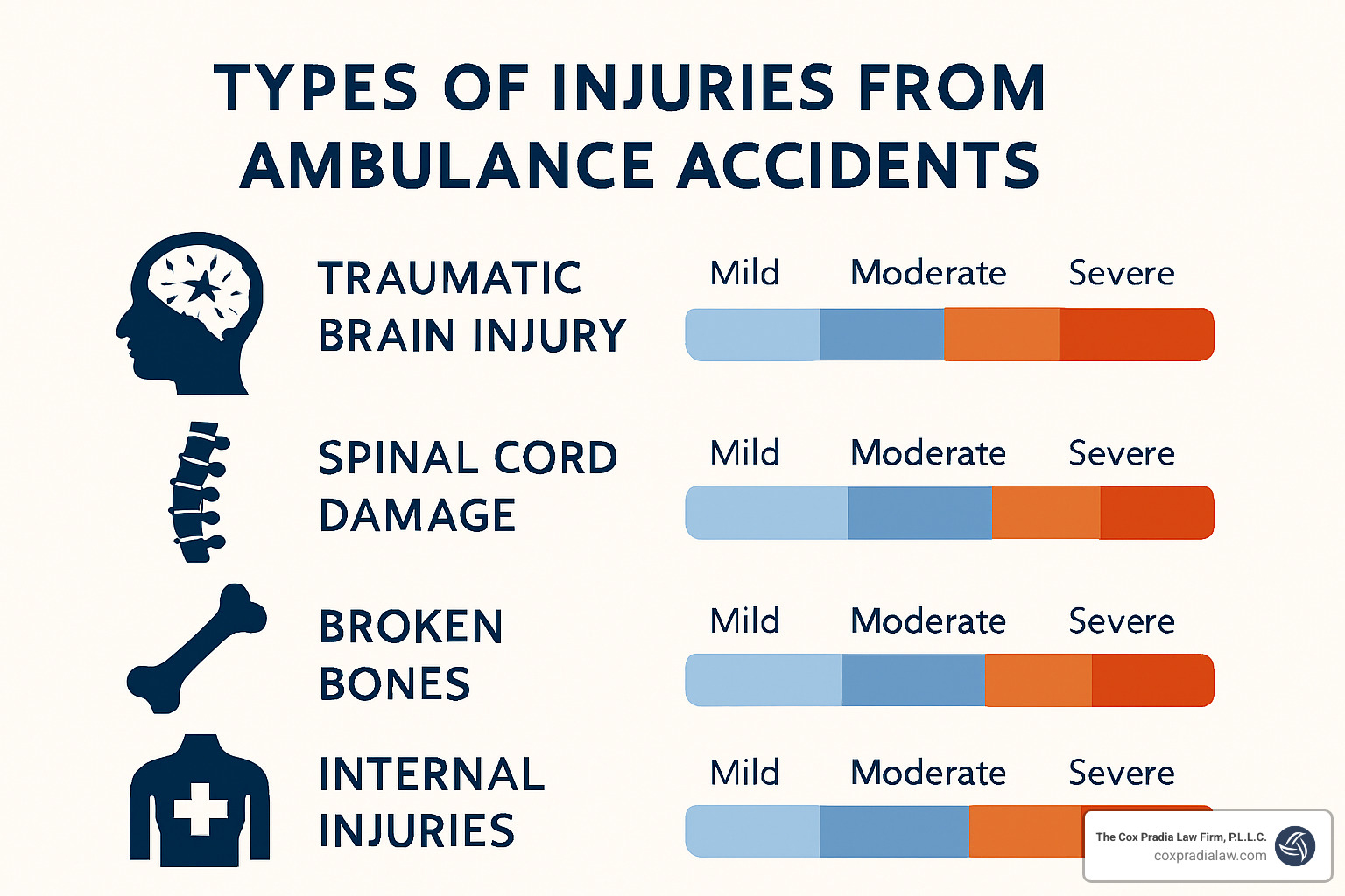 Chart showing different types of injuries from ambulance accidents including traumatic brain injury, spinal cord damage, broken bones, and internal injuries with severity indicators - houston ambulance accident lawyers