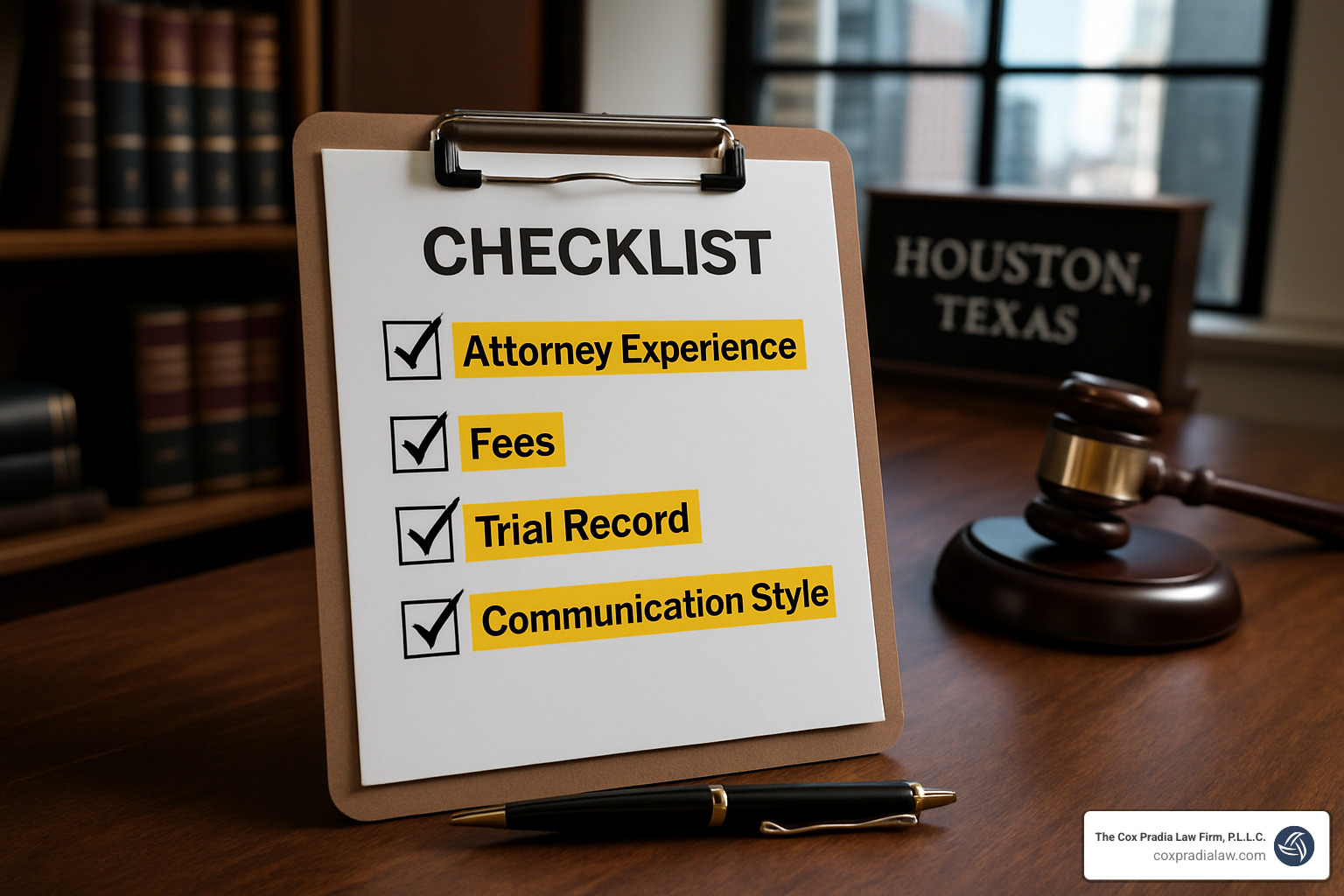Checklist for interviewing potential attorneys including questions about experience, fees, trial record, and communication style - houston ambulance accident lawyers