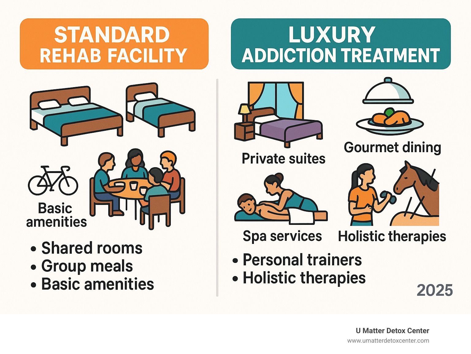 Infographic showing comparison between standard rehab facilities with shared rooms, group meals, and basic amenities versus luxury addiction treatment centers featuring private suites, gourmet dining, spa services, personal trainers, and holistic therapies like equine therapy and acupuncture - luxury addiction treatment infographic 