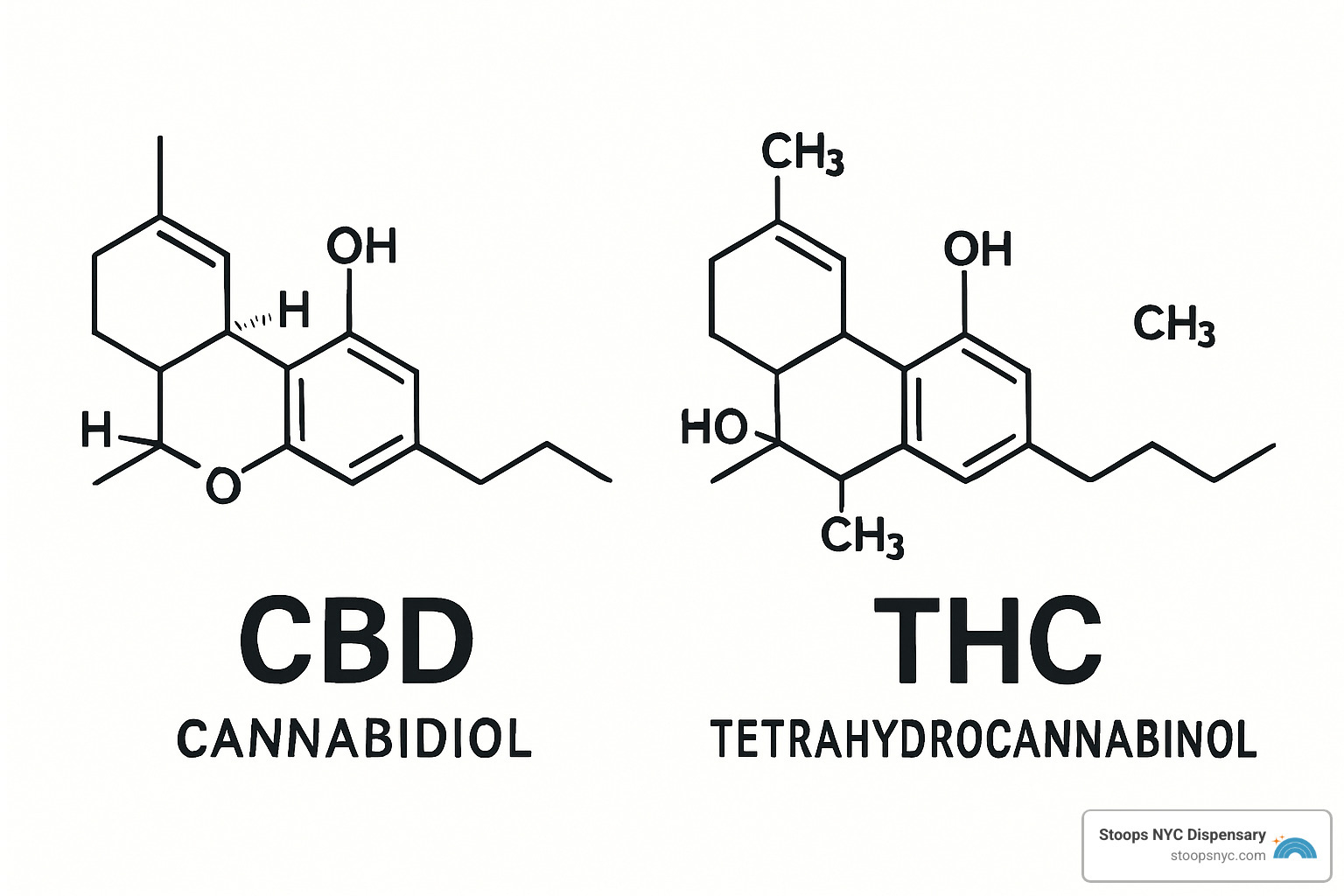 molecular structures of CBD and THC side by side - Benefits of CBD vs THC