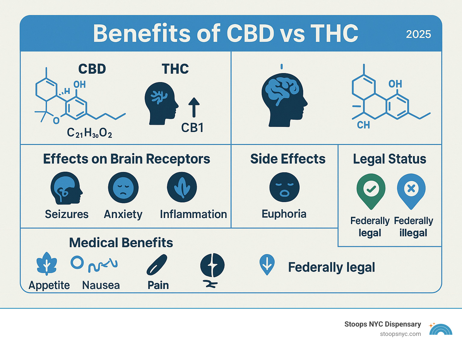 Infographic showing CBD vs THC comparison including molecular structure, effects on brain receptors, medical benefits, side effects, and legal status in a visual format - Benefits of CBD vs THC infographic