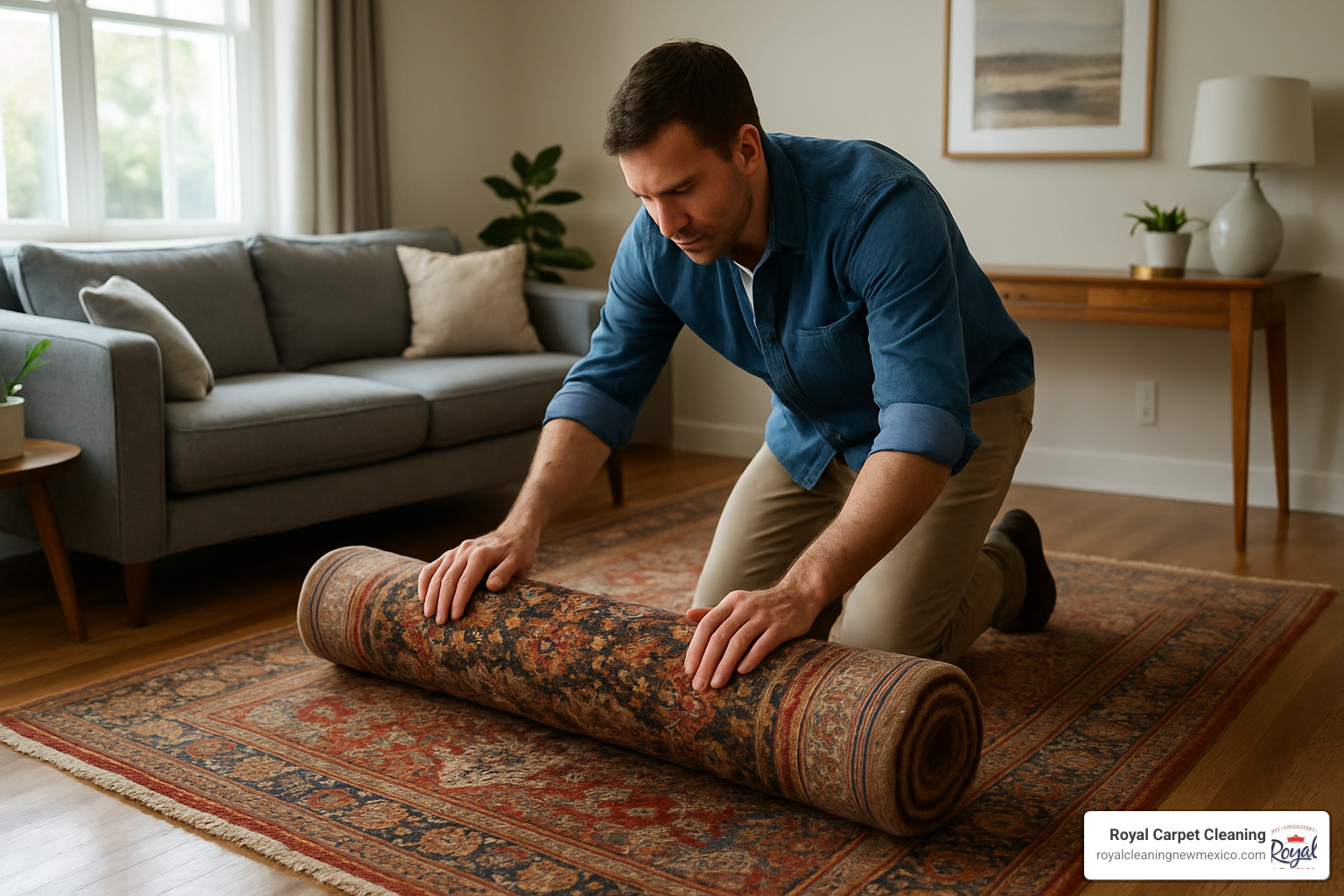 Homeowner carefully rolling antique Persian rug for professional pickup service - area rug carpet cleaning services
