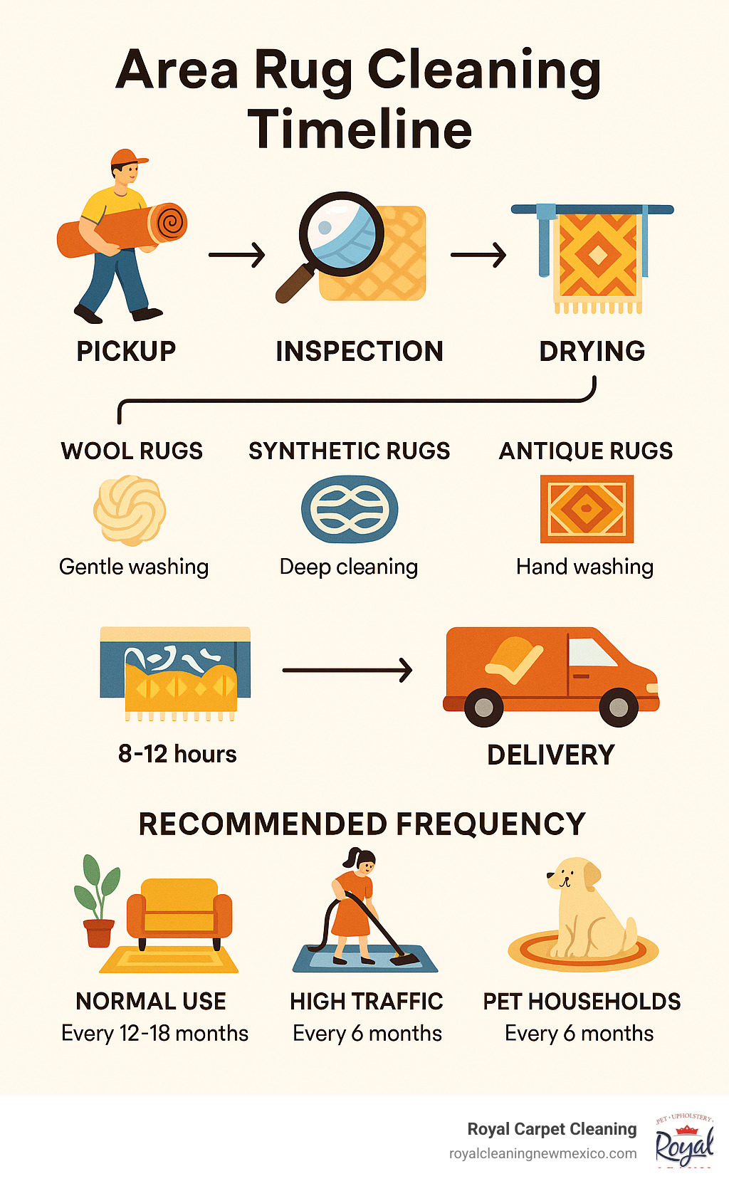 Comprehensive infographic showing area rug cleaning timeline from pickup through delivery, including inspection phases, cleaning methods for different rug types, drying times, and quality checkpoints with recommended frequency schedules for various household situations - area rug carpet cleaning services infographic 