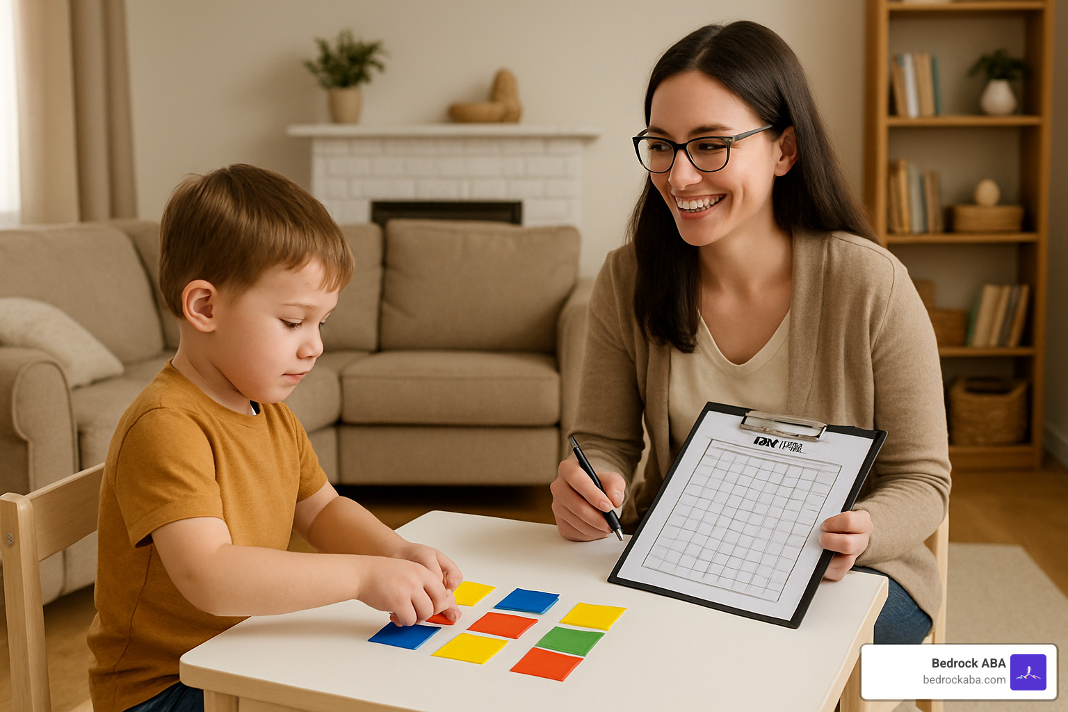 Home-based ABA therapy session showing therapist and child working together with data collection sheet visible - applied behavior analysis therapists