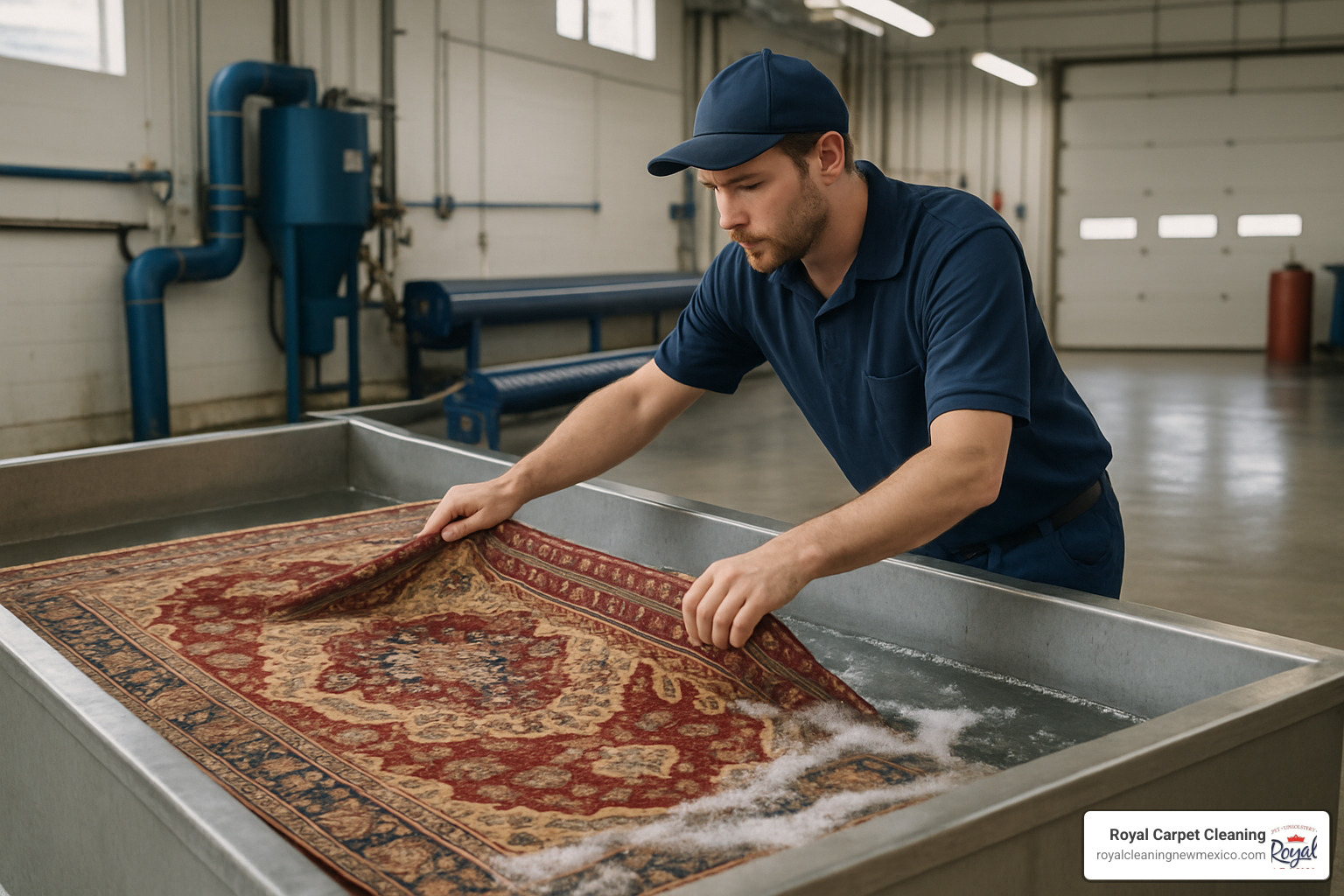 Professional technician performing immersion bath cleaning on an Oriental rug in a specialized facility - area rug carpet cleaning services