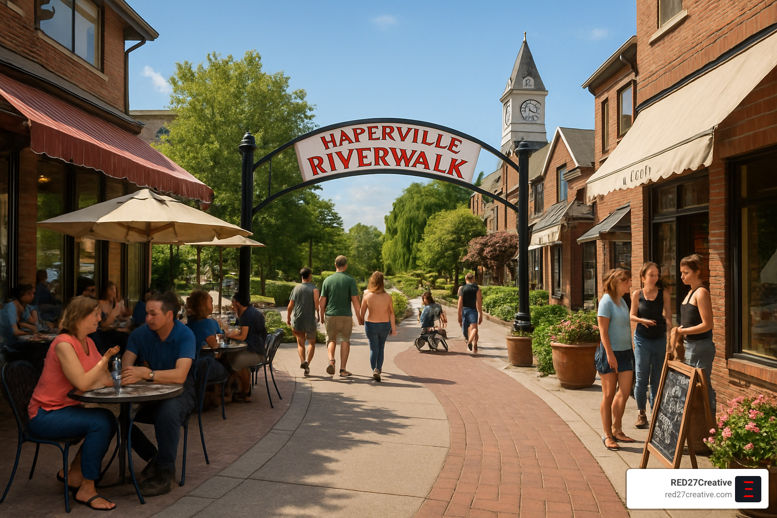 Social Media Content Creation Naperville Style: How to Win Followers and Influence Feeds • Social Media Content Creation Naperville • RED27Creative Naperville Riverwalk with local customers engaging with businesses - Social Media Content Creation Naperville