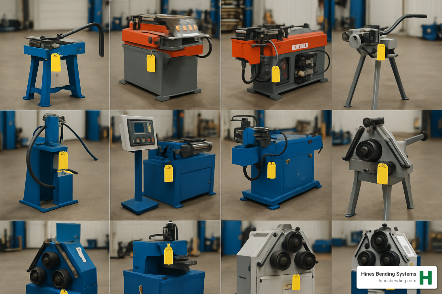 Grid of various bending machines including pipe benders, tube benders, mandrel units, hydraulic systems, CNC controls, manual machines, and section benders with price tags - bending machines for sale second hand