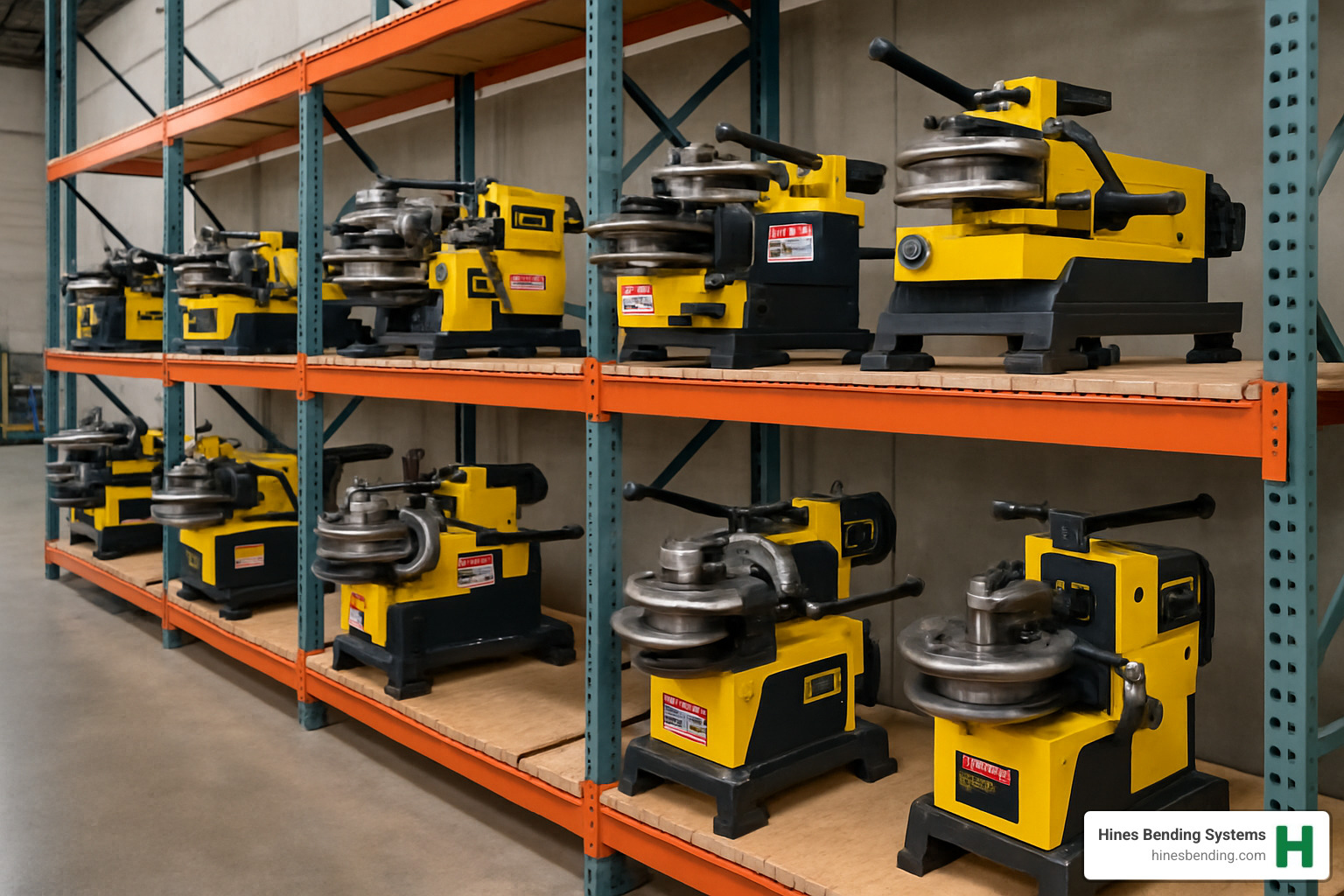 Pipe bender machine rack showing multiple units lined up in a warehouse setting - bending machines for sale second hand