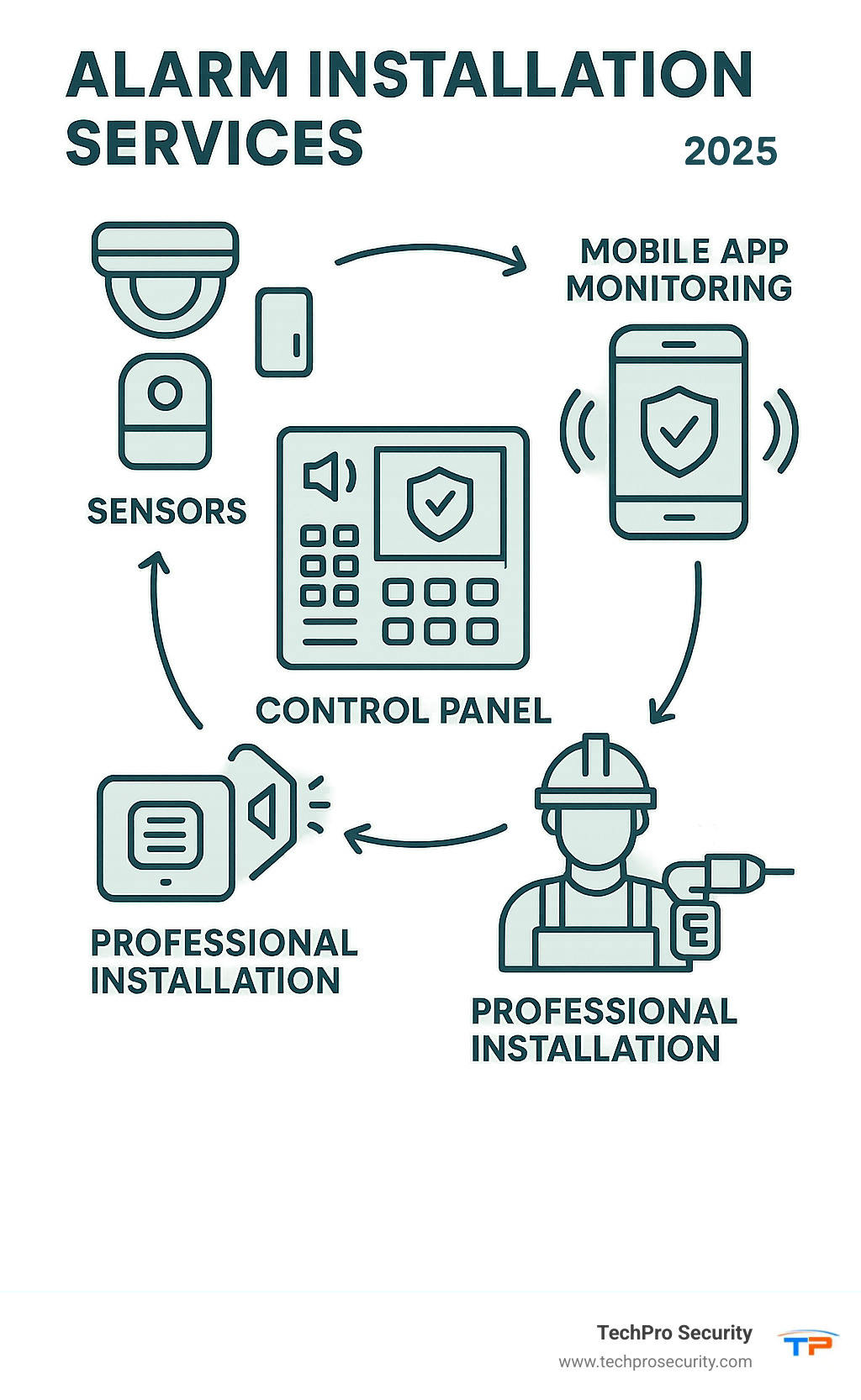 Complete alarm installation ecosystem showing sensors, control panel, mobile app monitoring, and professional installation process - alarm installation services infographic 