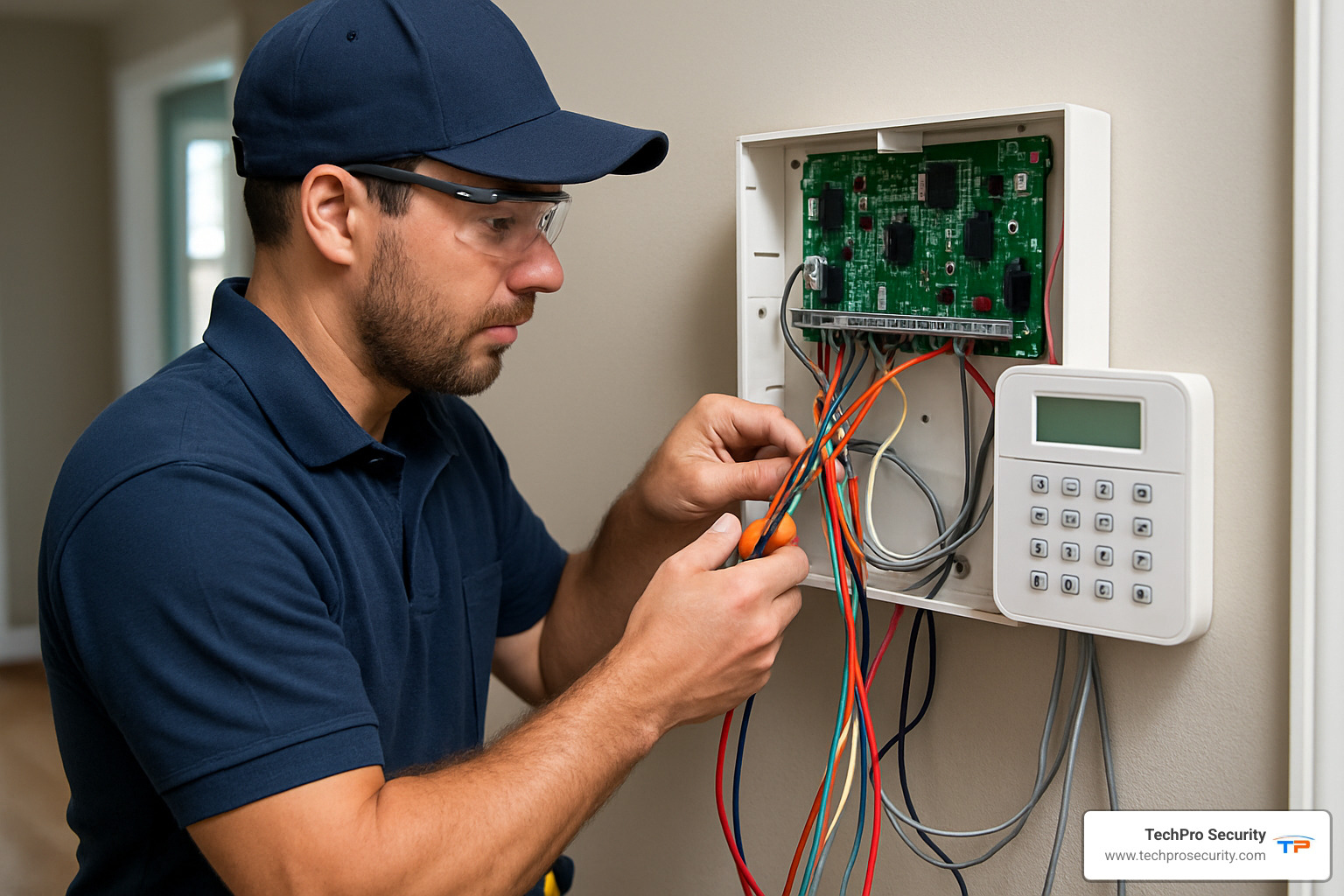 Technician installing and wiring alarm control panel in residential setting - alarm installation services