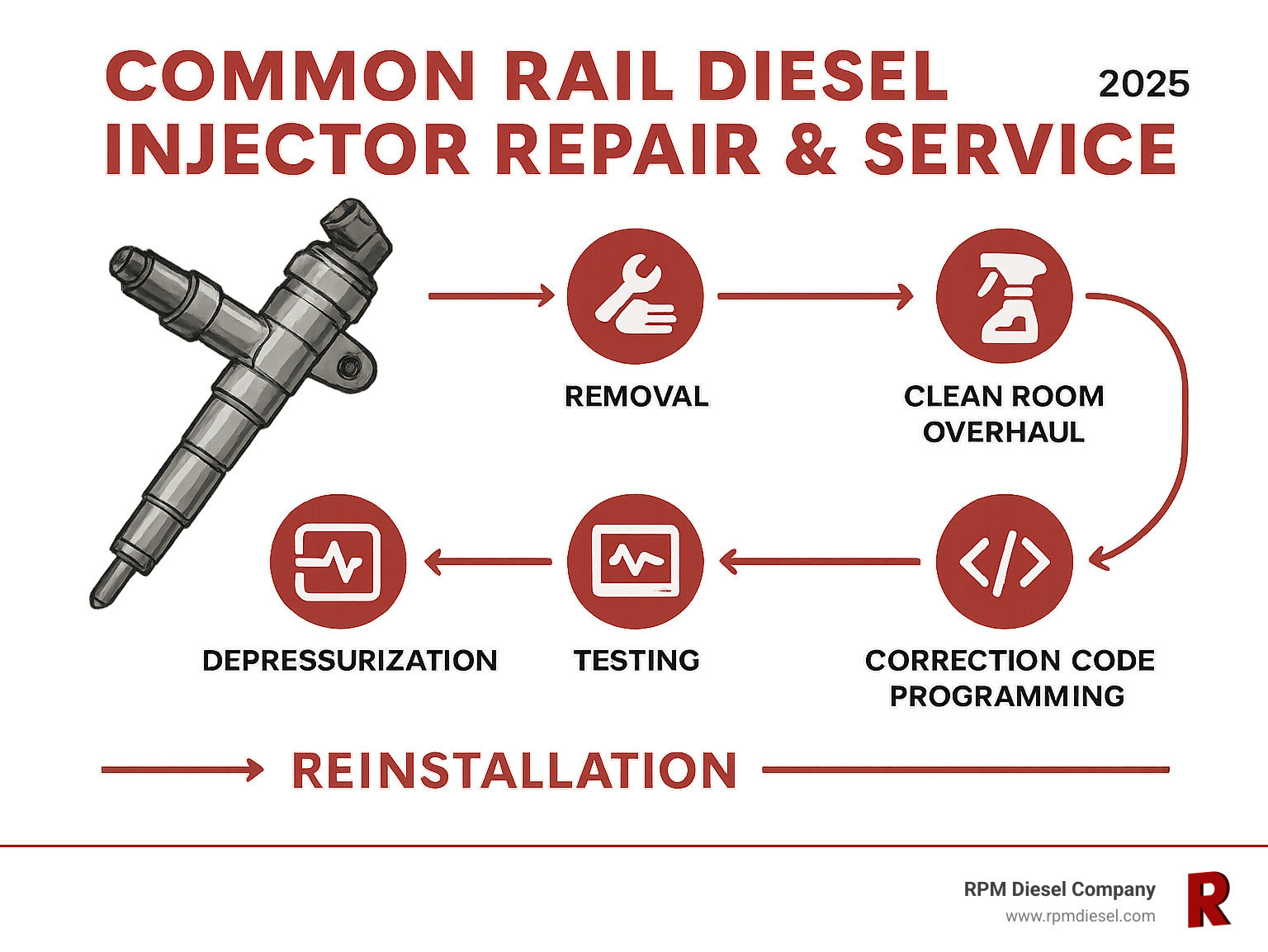 Infographic showing common rail diesel injector repair process from removal through testing to reinstallation, including depressurization, clean room overhaul, Bosch EPS 815 bench testing, correction code programming, and quality assurance steps - common rail diesel injector repair and service infographic 