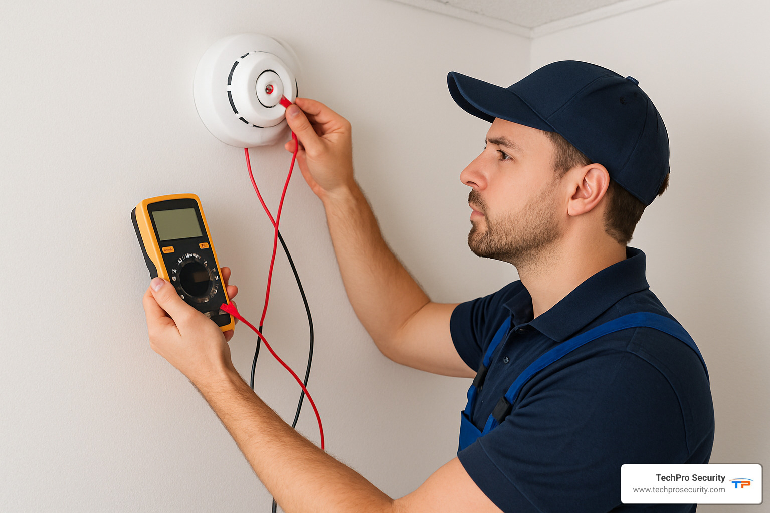 Technician performing annual alarm system inspection and maintenance - alarm installation services