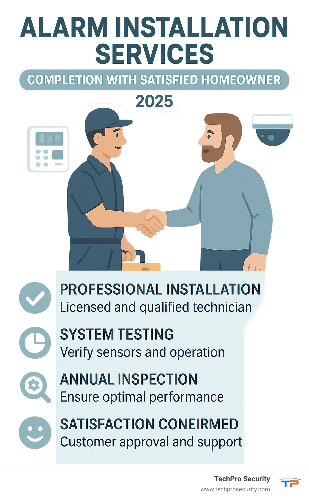 Professional alarm installation service completion with satisfied homeowner - alarm installation services infographic 