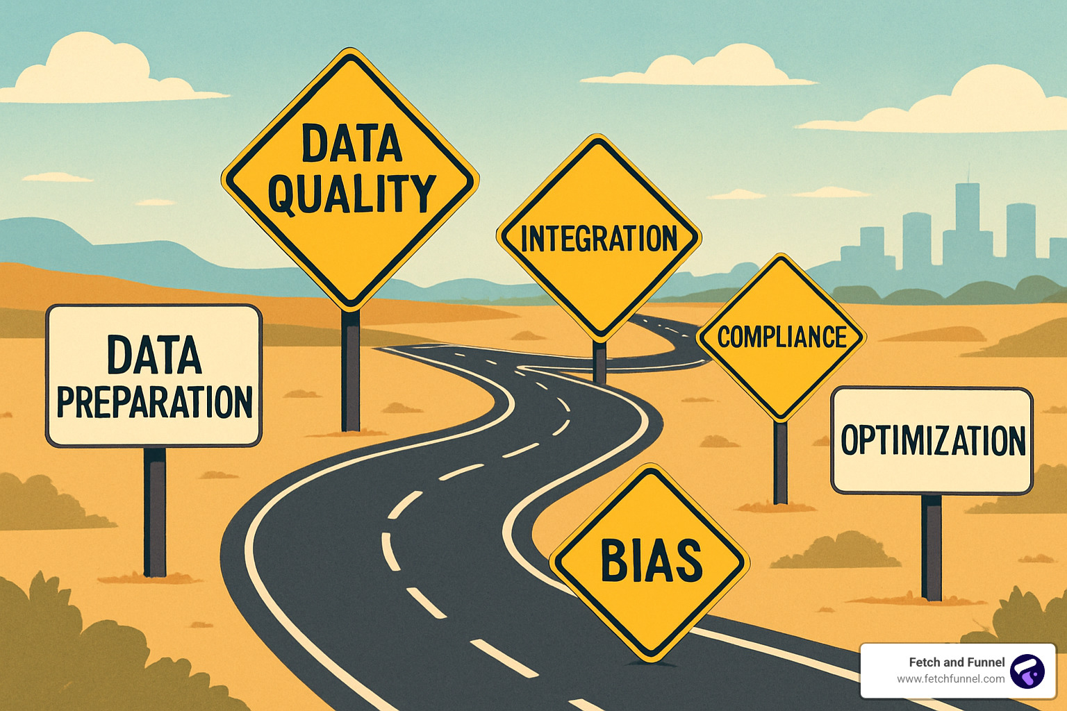 Roadmap with warning signs showing the journey from data preparation through implementation to optimization, highlighting key challenges and checkpoints - ai segmentation marketing