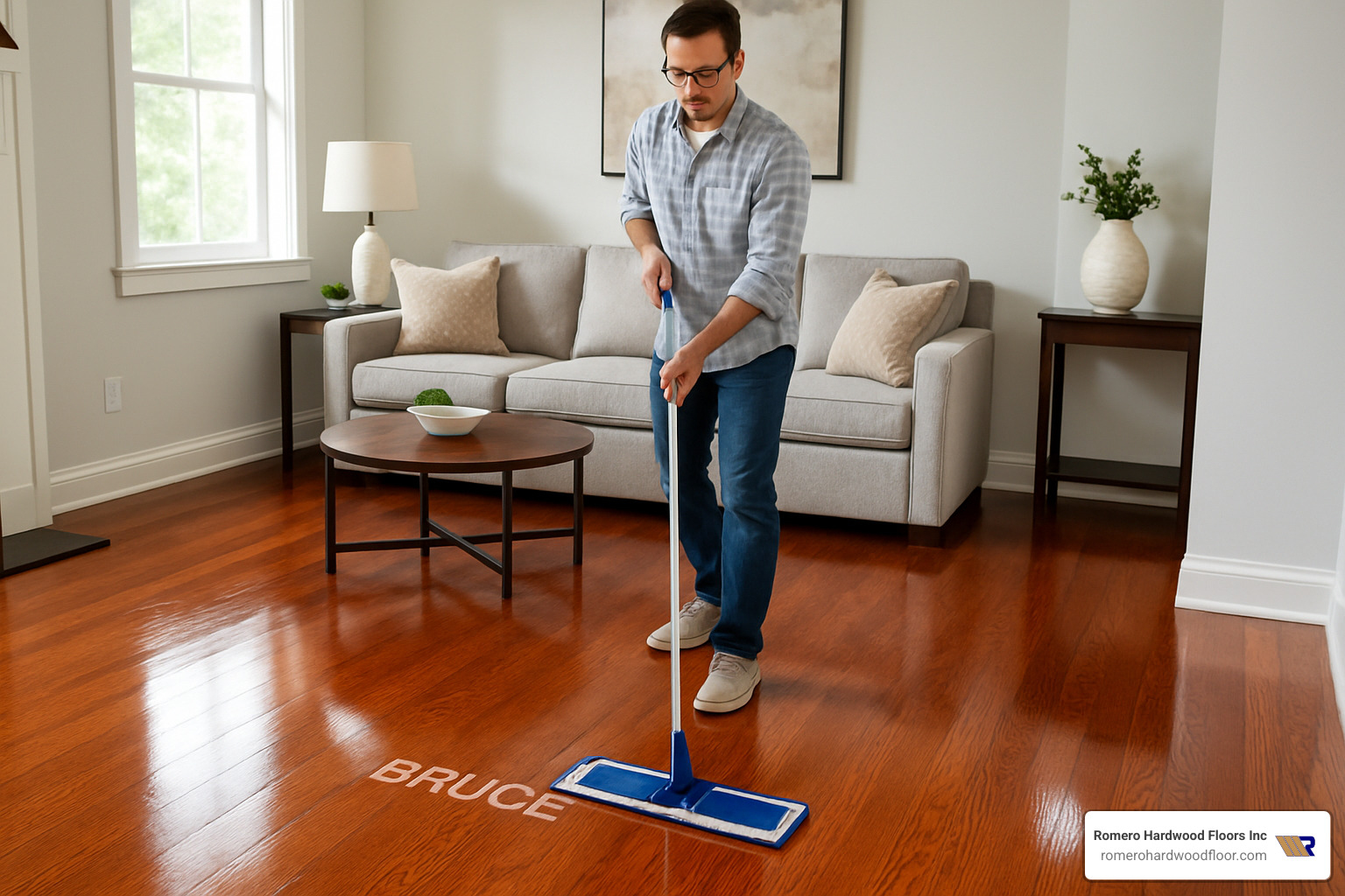 Homeowner using microfiber mop on newly refinished Bruce hardwood floor - refinishing prefinished bruce hardwood floors