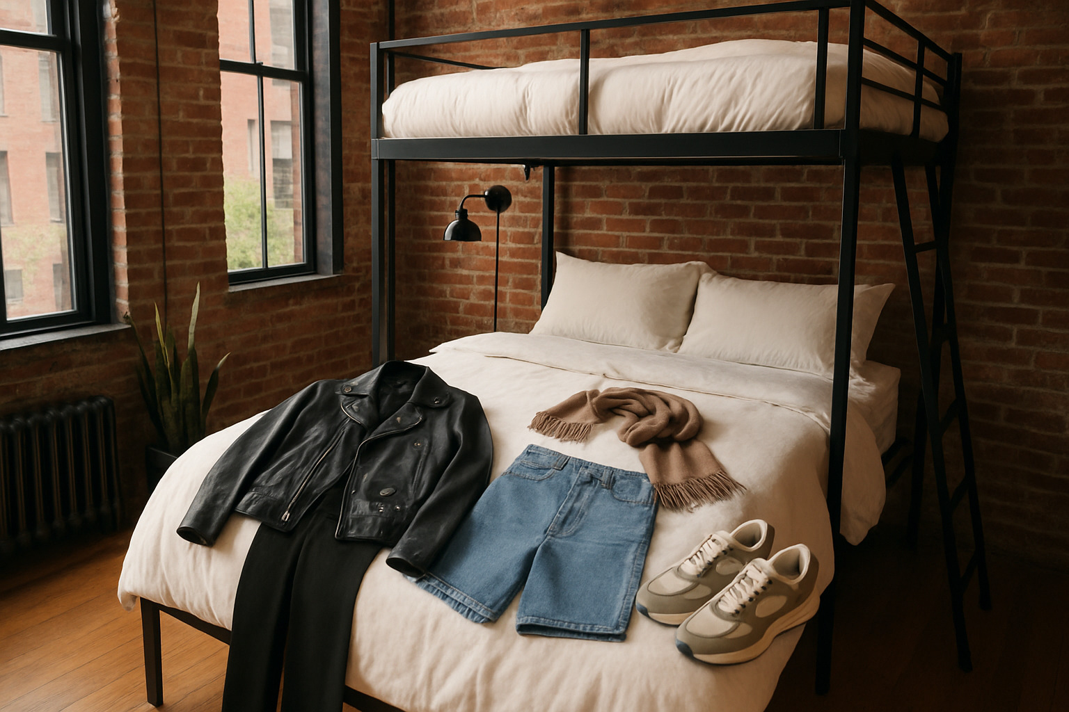 Essential NYC wardrobe pieces laid out on a Brooklyn loft bed - Fashion trends New York