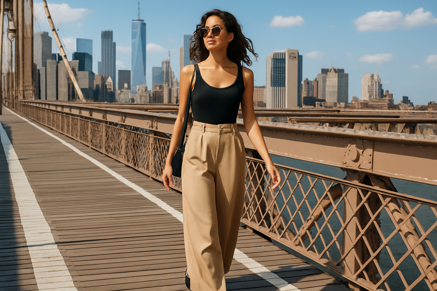 Wide-leg pants styled with ballet flats on the Brooklyn Bridge walkway - Fashion trends New York