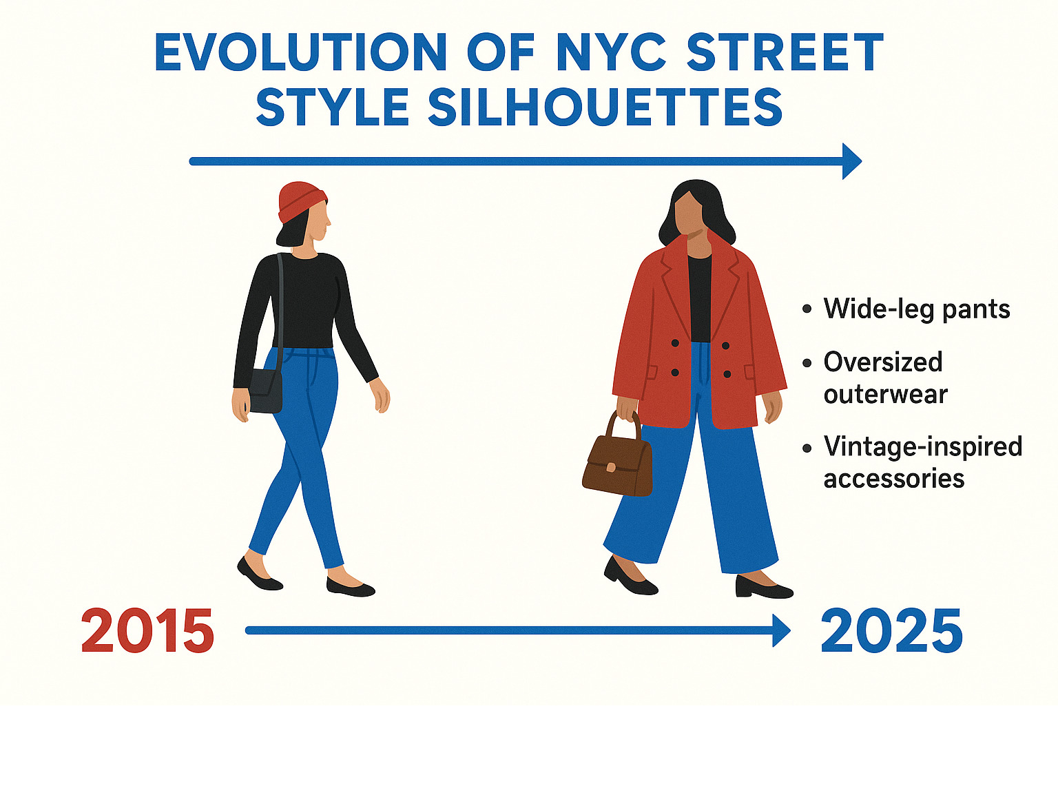 Infographic showing the evolution of NYC street style silhouettes from 2015 to 2025, highlighting the shift from skinny jeans to wide-leg pants, the rise of oversized outerwear, and the return of vintage-inspired accessories like ballet flats and structured bags - Fashion trends New York infographic 