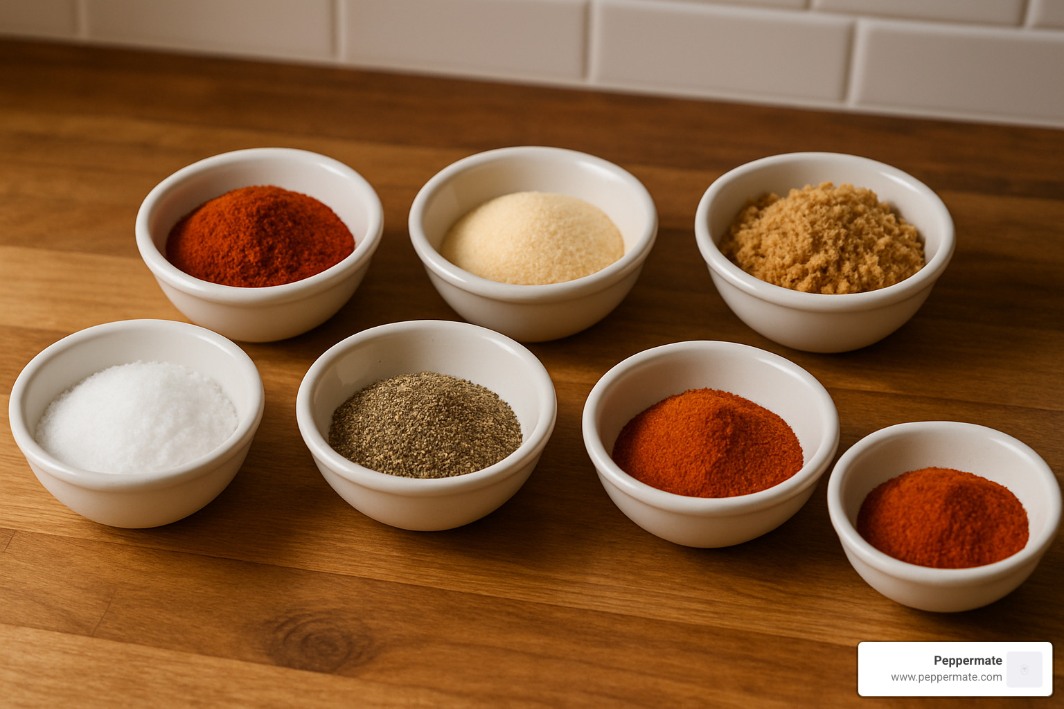 measured spices in individual bowls arranged for blending - gourmet burger seasoning