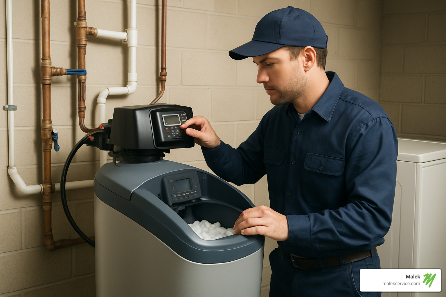technician servicing water softener unit - Water softener system benefits