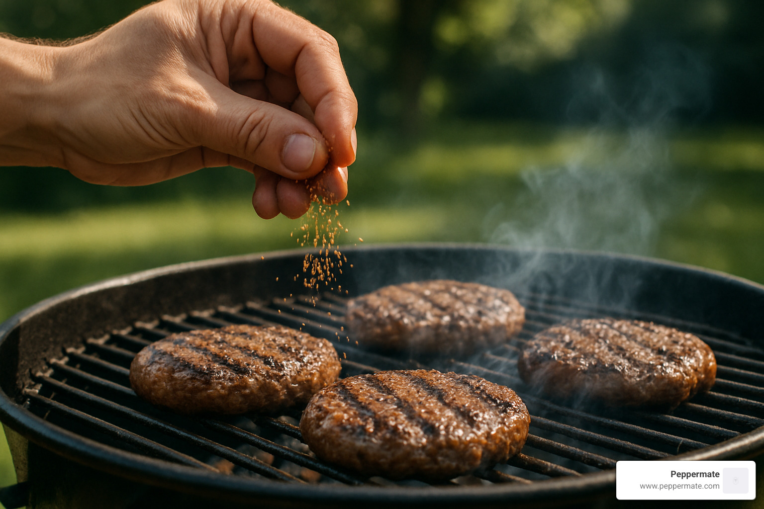 seasoning being sprinkled on burger patties mid-grill - gourmet burger seasoning