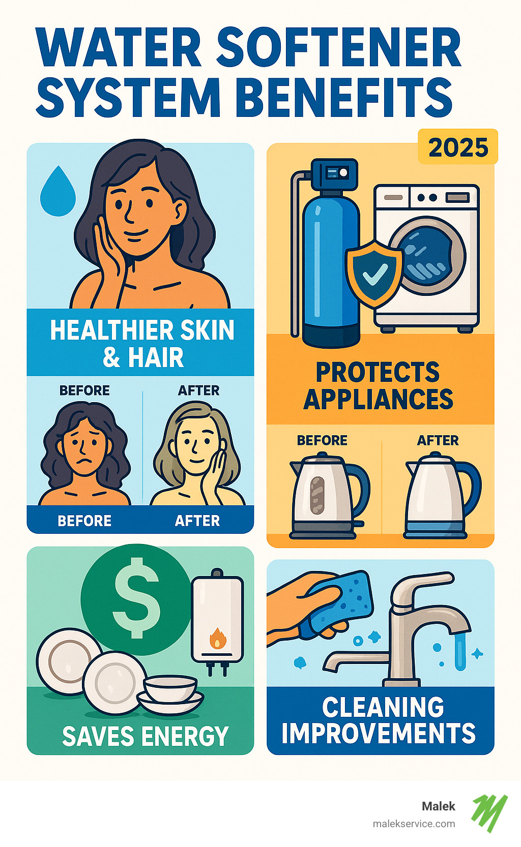 Comprehensive infographic showing water softener benefits including healthier skin and hair, appliance protection, energy savings, and cleaning improvements with before and after comparisons - Water softener system benefits infographic 