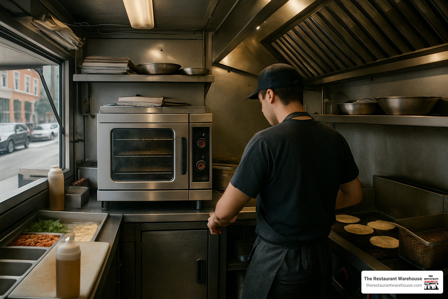food truck with compact kitchen setup showing efficient use of space with small commercial ovens - commercial oven small